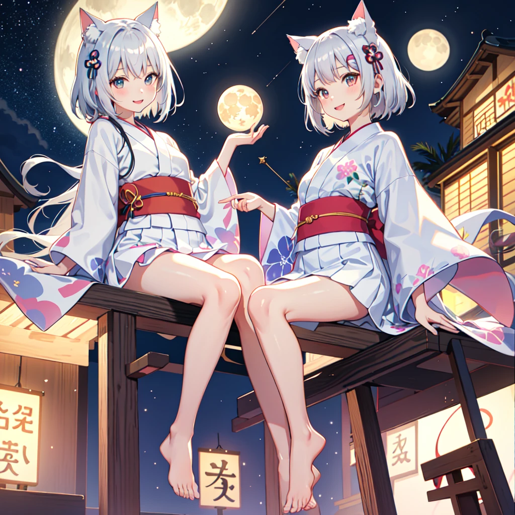 Thighsをアップ,Thighs,Young,Primary school students,,One person,Summer Festival Night, Yukata,mini skirt, moon,Starry Sky, Cat ear girl,Silver Hair, smile, looks fun, delicate design, Bright colors, detailed character design, Soft light and shadow, Cat's Tail, Cat print yukata, Fireworks in the night sky, Face illuminated by light, Hair swaying in the wind, Characters stand out, The background is blurred, The focus is on the characters, Sharp details, Warm light at night,Small ,