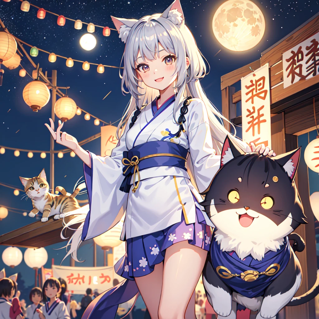 Thighsをアップ,Thighs,Young,Primary school students,,One person,Summer Festival Night, Yukata,mini skirt, moon,Starry Sky, Cat ear girl,Silver Hair, smile, looks fun, delicate design, Bright colors, detailed character design, Soft light and shadow, Cat's Tail, Cat print yukata, Fireworks in the night sky, Face illuminated by light, Hair swaying in the wind, Characters stand out, The background is blurred, The focus is on the characters, Sharp details, Warm light at night,Small breasts,