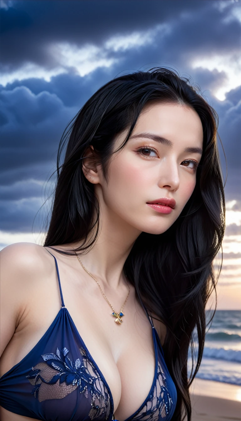 ((Masterpieces with up to 16K resolution:1.6)),Highest quality,it is really amazing,Very detailed,Ultra-high resolution,(Real:1.5),(Realistic:1.5),Increased depth of field,Cinematic Light,
Elegant mature woman,
Long black hair,(Exquisitely detailed face:1.5),Face with a gentle expression,Translucent white skin,Very sensitive skin,Great proportions,Anatomically correct body,
Sexy bikini swimwear,Artistic design,Beautiful and detailed pattern,Detailed fabric texture,Gorgeous necklace,
Coastal landscape at dusk,Dark clouds and dark sky,delay々Continuing sandy beach, Deserted Beach,Dark sea surface,
(Dramatic Angle:1.6),