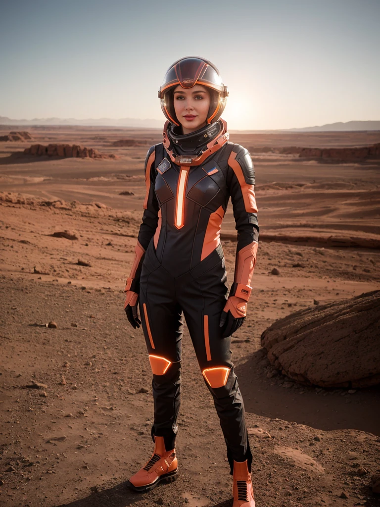 A photorealistic portrait of Marissa Mars, a 21-year-old Martian female, standing confidently with her hands on her hips. She sports long fiery red hair with holographic highlights that shimmer in changing colors under the Martian sunset. Her large, expressive eyes glow subtly, enhancing her striking features. She is dressed in a sleek, form-fitting Martian space suit adorned with luminescent lines and protective plating, complemented by a stylish, transparent helmet. Behind her, the dome-shaped Martian habitat offers a panoramic view of the rugged, rocky landscape under a sky painted in pink and orange hues. The image should capture the essence of a futuristic AI Instagram influencer, blending advanced technology with high fashion on the red planet, in 8k HDR, full body shot, high detailed, high quality.
medium size beautiful breast, Cleavage,

 ....Tall, Athletic, Triangular Face, Fair Skin, long brown Hair, hazel Eyes, [[Curved Nose]], Thick Lips, Round Chin, Instagram model, cheerful smile, medium breasts, coral stain lipstick,
Masterpiece, hi res, 8k, award winning, RAW photo, high quality, 35mm photograph, film grain, bokeh, professional, 4k, highly detailed, 
