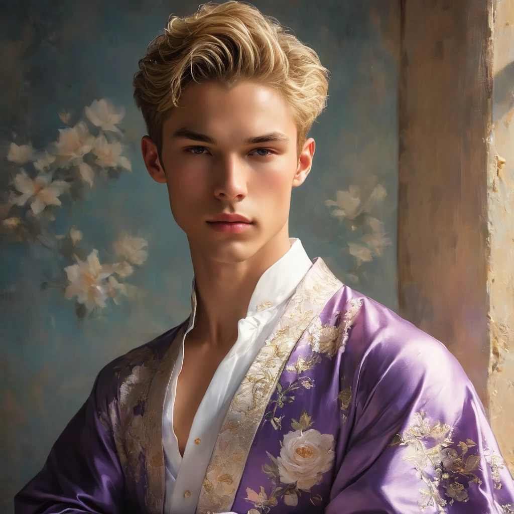 Candid full image of mixed Asian and Latino male supermodel, 24 year old, an attractive and charming, masculine appearance, slender, short platinum blonde hair, masculine appearance with slender physique, small pectorals, symmetric face, natural olive skin tone exudes youthfulness and athleticism, photogenic, Position him against an ornate dark purple background featuring a framed of white and purple rose floral painting to add depth and richness to the scene, (wears an open luxurious purple robe with silver patterned), His expression is serene and slightly introspective, with a soft confident gaze directed slightly off-camera, Utilize natural soft lighting streaming in from a window, casting gentle highlights and shadows that accentuate the contours of his face and the texture of his robe, The light creates a warm intimate atmosphere with a golden tone that enhances his skin and the robe, The interplay of light and shadow adds depth and dimension to the scene, slightly blurred focus background, bringing him into sharp clear detail while the rich tones of the background enhance the overall opulence of the image. Capture (full-body short), dynamic angle, using a Canon EOS R7 and Sigma AF 85mm F1.4 EX DG HSM lens by Thomas Synnamon, Employ a shallow depth of field to focus closely on his face and body while softly blurring the background, Draw inspiration from high-fashion photographer, emphasize detail, texture and a sophisticated luxurious atmosphere, Emphasize the golden warm lighting and its effect on enhancing his features and the robe's rich textures, creating a visually captivating and elegant portrait that exudes warmth and sophistication, The overall mood blend the classical elegance of the modern, high-fashion aesthetic, producing an image that feels both timeless and contemporary, raw photo, masterpiece, best quality, Correct body structure, Correct photo distance, Lucifer Rose,