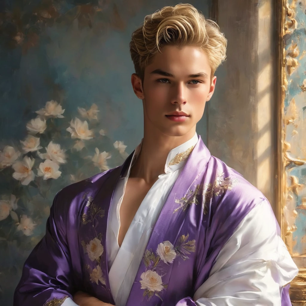 Candid full image of mixed Asian and Latino male supermodel, 24 year old, an attractive and charming, masculine appearance, slender, short platinum blonde hair, masculine appearance with slender physique, small pectorals, symmetric face, natural olive skin tone exudes youthfulness and athleticism, photogenic, Position him against an ornate dark purple background featuring a framed of white and purple rose floral painting to add depth and richness to the scene, (wears an open luxurious purple robe with silver patterned), His expression is serene and slightly introspective, with a soft confident gaze directed slightly off-camera, Utilize natural soft lighting streaming in from a window, casting gentle highlights and shadows that accentuate the contours of his face and the texture of his robe, The light creates a warm intimate atmosphere with a golden tone that enhances his skin and the robe, The interplay of light and shadow adds depth and dimension to the scene, slightly blurred focus background, bringing him into sharp clear detail while the rich tones of the background enhance the overall opulence of the image. Capture (full-body short), dynamic angle, using a Canon EOS R7 and Sigma AF 85mm F1.4 EX DG HSM lens by Thomas Synnamon, Employ a shallow depth of field to focus closely on his face and body while softly blurring the background, Draw inspiration from high-fashion photographer, emphasize detail, texture and a sophisticated luxurious atmosphere, Emphasize the golden warm lighting and its effect on enhancing his features and the robe's rich textures, creating a visually captivating and elegant portrait that exudes warmth and sophistication, The overall mood blend the classical elegance of the modern, high-fashion aesthetic, producing an image that feels both timeless and contemporary, raw photo, masterpiece, best quality, Correct body structure, Correct photo distance, Lucifer Rose,