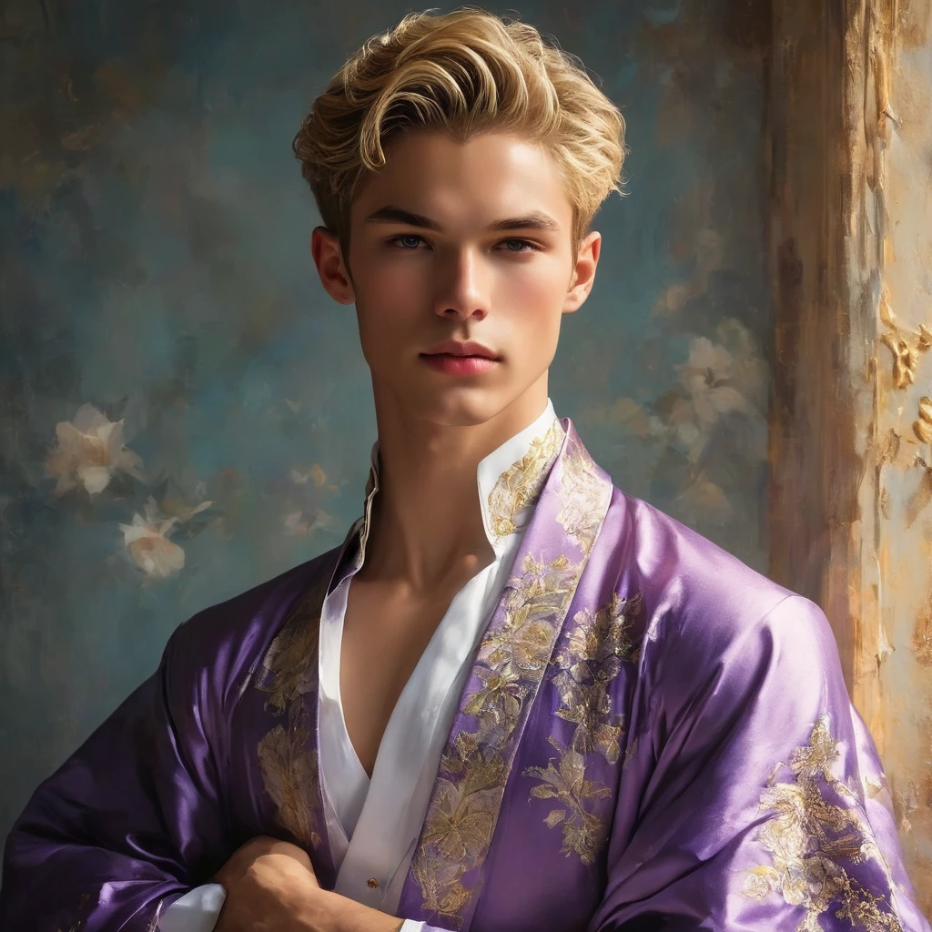 Candid full image of mixed Asian and Latino male supermodel, 24 year old, an attractive and charming, masculine appearance, slender, short platinum blonde hair, masculine appearance with slender physique, small pectorals, symmetric face, natural olive skin tone exudes youthfulness and athleticism, photogenic, Position him against an ornate dark purple background featuring a framed of white and purple rose floral painting to add depth and richness to the scene, (wears an open luxurious purple robe with silver patterned), His expression is serene and slightly introspective, with a soft confident gaze directed slightly off-camera, Utilize natural soft lighting streaming in from a window, casting gentle highlights and shadows that accentuate the contours of his face and the texture of his robe, The light creates a warm intimate atmosphere with a golden tone that enhances his skin and the robe, The interplay of light and shadow adds depth and dimension to the scene, slightly blurred focus background, bringing him into sharp clear detail while the rich tones of the background enhance the overall opulence of the image. Capture (full-body short), dynamic angle, using a Canon EOS R7 and Sigma AF 85mm F1.4 EX DG HSM lens by Thomas Synnamon, Employ a shallow depth of field to focus closely on his face and body while softly blurring the background, Draw inspiration from high-fashion photographer, emphasize detail, texture and a sophisticated luxurious atmosphere, Emphasize the golden warm lighting and its effect on enhancing his features and the robe's rich textures, creating a visually captivating and elegant portrait that exudes warmth and sophistication, The overall mood blend the classical elegance of the modern, high-fashion aesthetic, producing an image that feels both timeless and contemporary, raw photo, masterpiece, best quality, Correct body structure, Correct photo distance, Lucifer Rose,