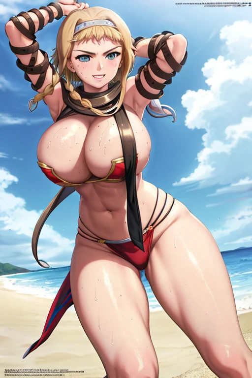 masterpiece, best quality, beautiful art, high resolution, well formed hands, body and fingers, 1 woman, solo, Kate Upton , blonde, adult, large and round breasted, cleavage, hair ribbon, wearing a Leina Vance outfit, loin cloth, full body picture, sexy and skimpy bikini armor, gorgeous hips, legs and thighs , fighting in a combat match, showing her fighting skills, making her guard, about to hit the viewer, looking at the viewer, sweating, bouncing breasts, smiling joyfully and brightly, being confident and proud, action and fighting scene, fighting cage on beach environment ,fighting in a combat match, showing her fighting skills, making her guard, about to hit the viewer, looking at the viewer, sweating, bouncing breasts, smiling joyfully and brightly, being confident and proud, action and fighting scene, fighting cage on beach environment
