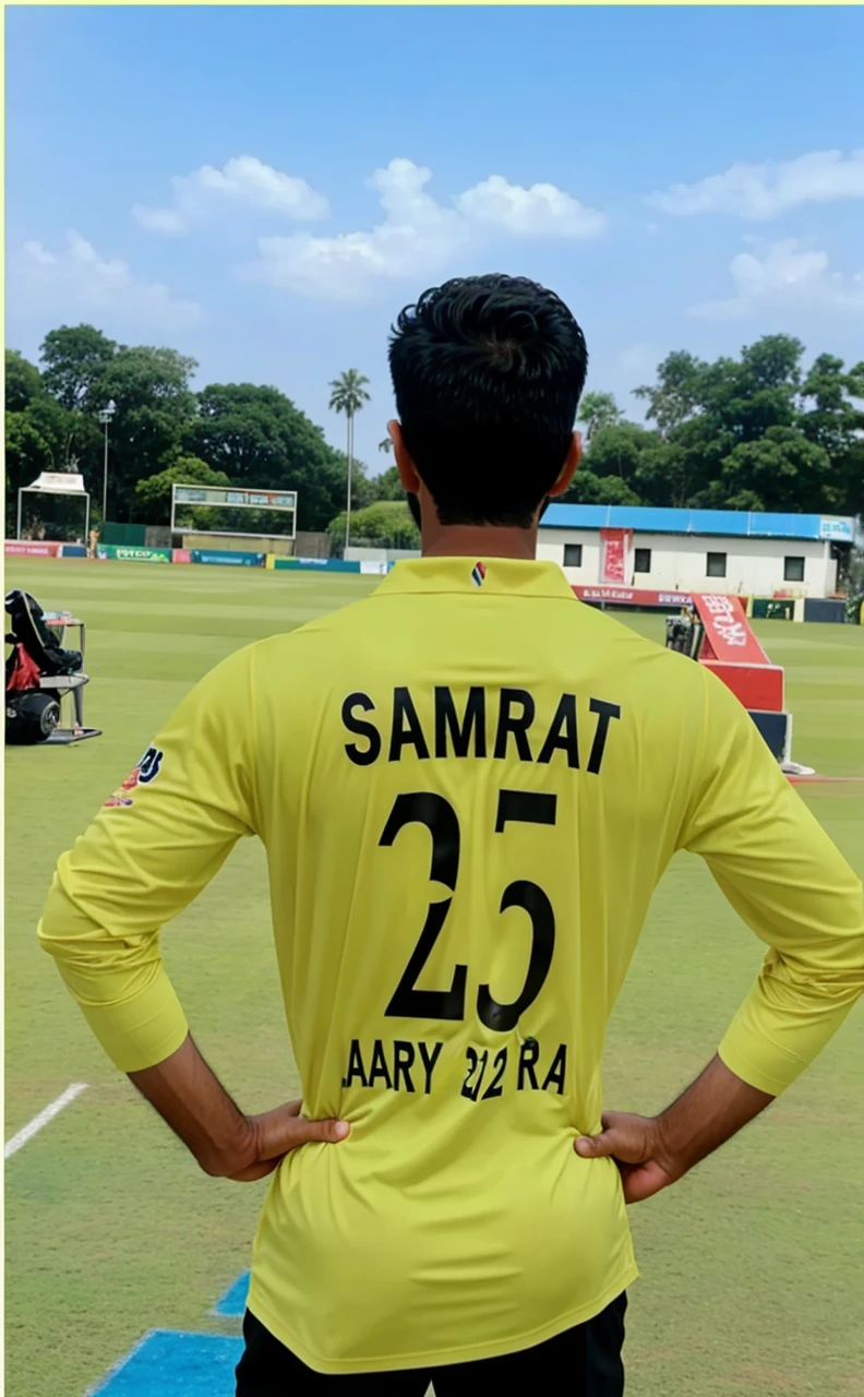 Change background into cricket field and jersery name is SAMRAT and number is 21