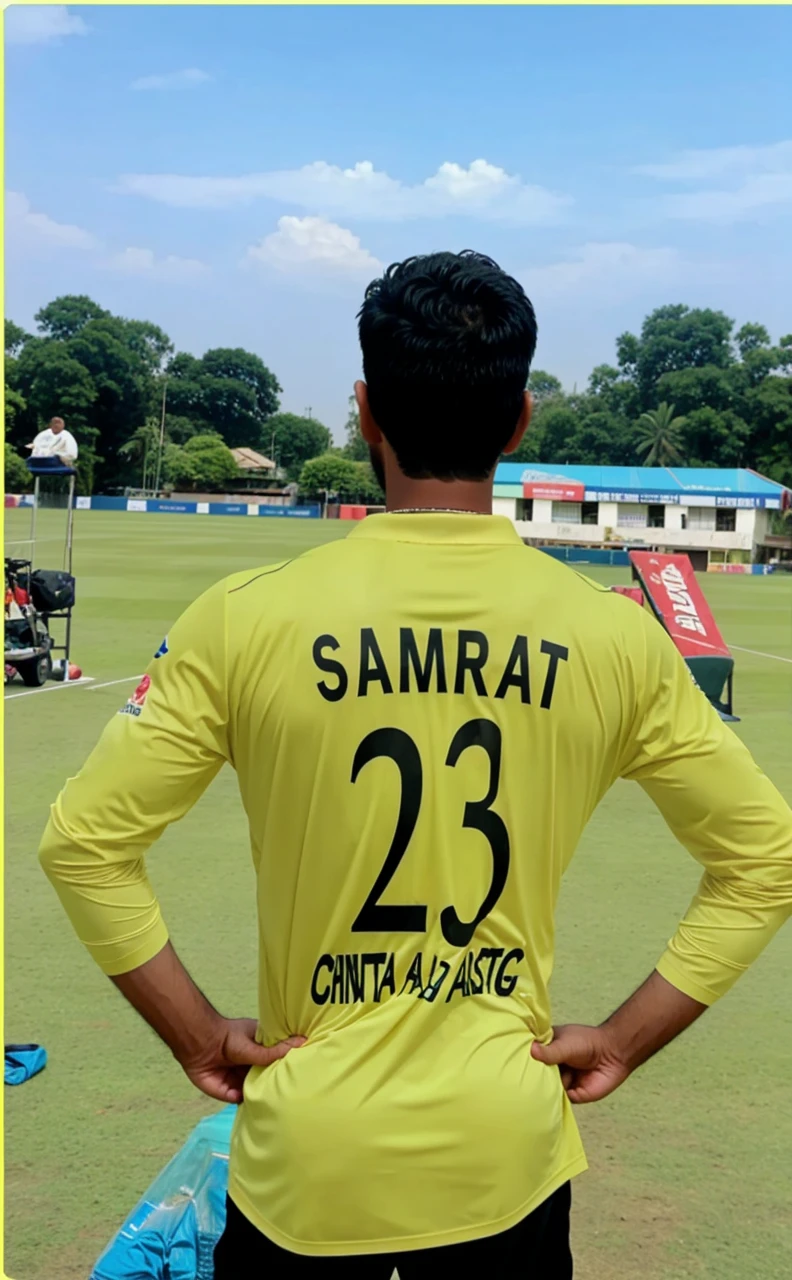 Change background into cricket field and jersery name is SAMRAT and number is 21