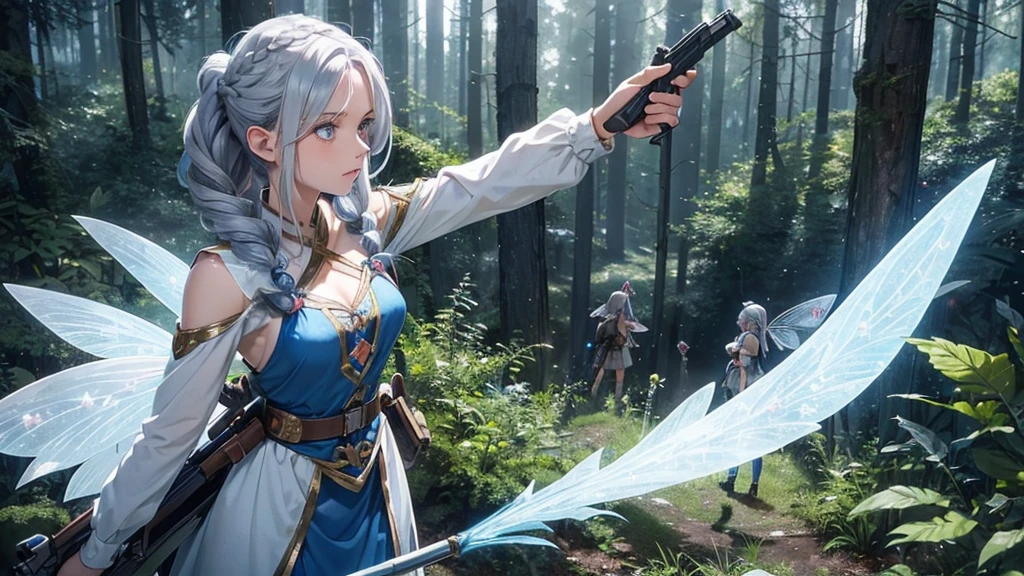 A scene unfolds with an Fairy girl wielding a Shotgun in hand, her Gray Hair and blue eyes shining amidst the mystical forest backdrop. She leads an expedition with a group of humans and dwarves., Wearing knight&#39;s gear, (Forest Exploration), Dynamic pose, (Shotgun in hand), (A group of adventurers), (Knight&#39;s Attire),(Adventurous atmosphere), Cell shading, 8K, A dramatic, cinematic atmosphere, Cinema Lighting, by Mikimoto Haruhiko, By Yoshitaka Amano. break,

Perfect Face, Details, ((Fairy:1.4)), (One girl), (Hairstyle:1.6), (Gray Hair), Fuller lips, blue eyes, Mid-chest.