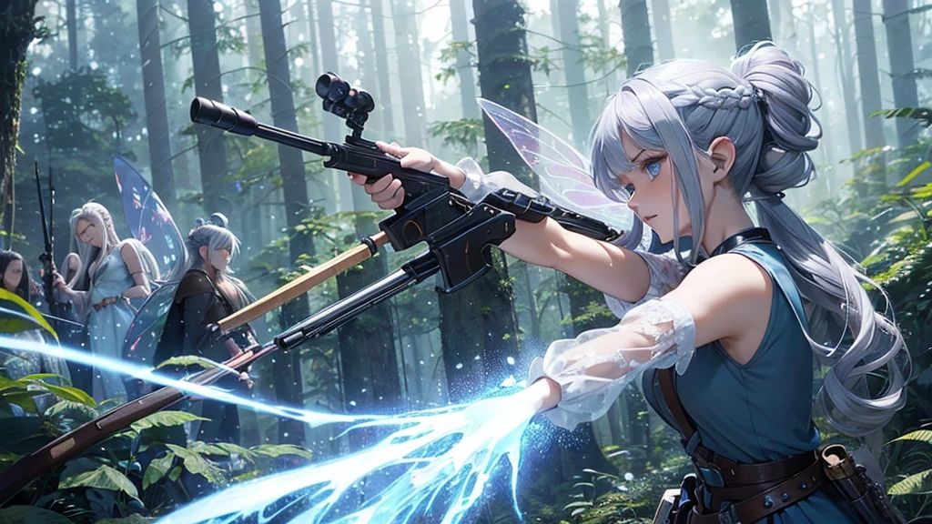 A scene unfolds with an Fairy girl wielding a Shotgun in hand, her Gray Hair and blue eyes shining amidst the mystical forest backdrop. She leads an expedition with a group of humans and dwarves., Wearing knight's gear, (Forest Exploration), Dynamic pose, (Shotgun in hand), (A group of adventurers), (Knight's Attire),(Adventurous atmosphere), Cell shading, 8K, A dramatic, cinematic atmosphere, Cinema Lighting, by Mikimoto Haruhiko, By Yoshitaka Amano. break,
Perfect Face, Details, ((Fairy:1.4)), (One girl), (Hairstyle:1.6), (Gray Hair), Fuller lips, blue eyes, Mid-chest.