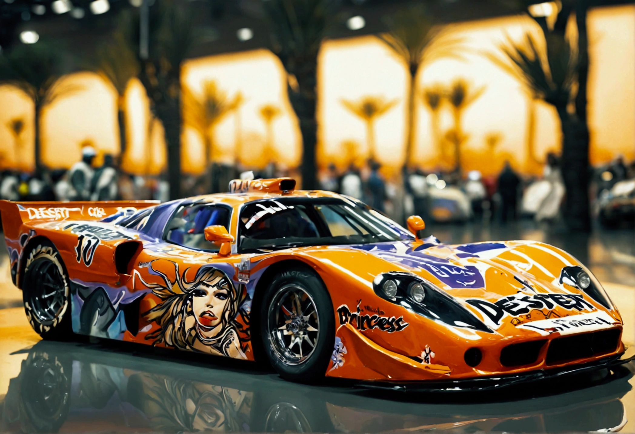 A race car with 'Desert Princess' written on the side, along with a painting of a desert princess, car show