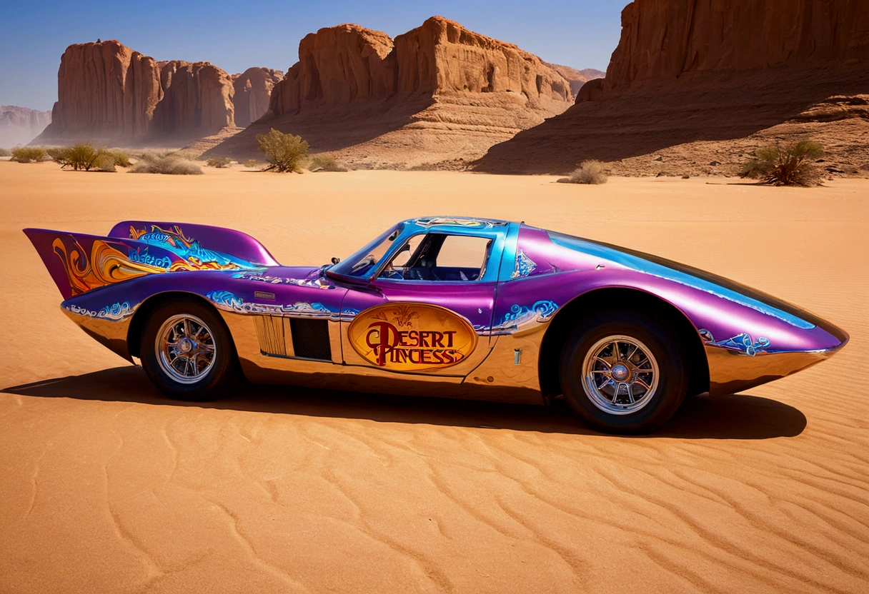 A race car with 'Desert Princess' written on the side, along with a painting of a desert princess, car show