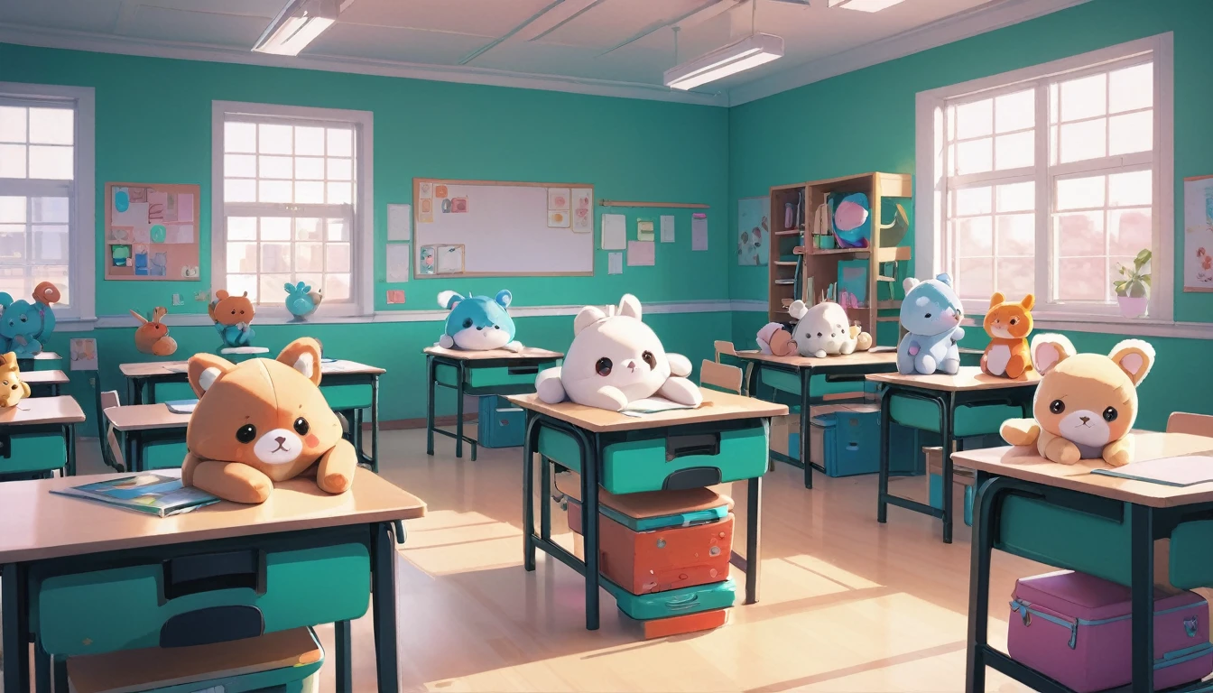 there are many stuffed animals sitting in a classroom with desks, classroom background, adorable digital painting, cute 3 d render, artwork in the style of guweiz, animation style render, typical anime classroom, kawaii hq render, childrens art in artstation, cute detailed digital art, highschool background, cute digital art, in the style of ross tran