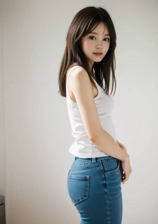 Realistic, Realistic details, detailed, One girl, thin, beautiful, Dynamic pose, detailed skin complexion, Casual clothing, Tight jeans, Yoga Tank Top, T-Shirts, thin太もも, Thigh Gap, Portraiture, Depth of written boundary, Blurred Background, Sharp focus, F1.8/35mm, perspective, Light and shadow contrast, The rule of thirds, Depth and Dimension,