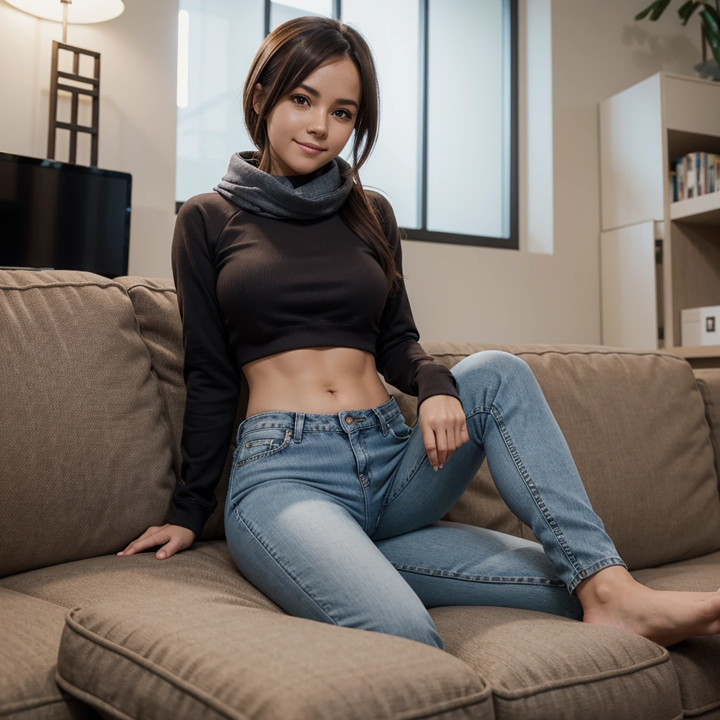 Bell, anime, brown hair, medium breasts, brown eyes, light smile, jeans, scarf, gray sweatshirt, blue pants, sitting, cross-legged, inside a smart home, sitting on the couch, Asada Shino's face, anime Sword Art Online, best quality