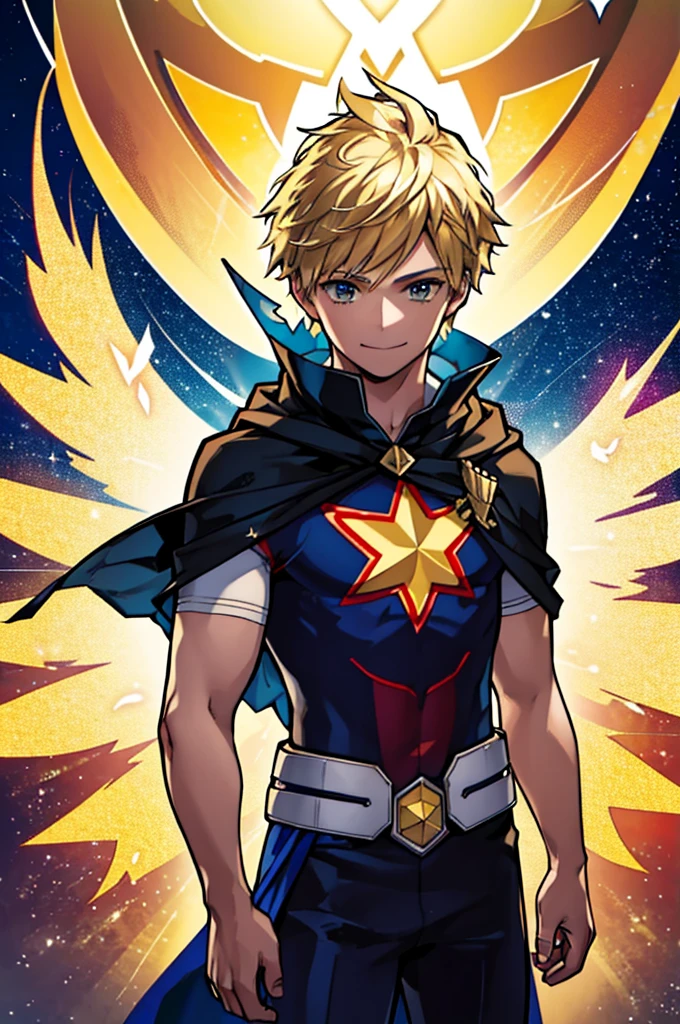 1.5, best quality, high quality, High definition, High quality texture, high detail, beautiful detailed, finely detailed, extremely detailed cg, detailed texture, 1man, boy, male, ((beacon of hope)), cape, superhero attire, flying, starman, black hair, blonde hair, kind smile