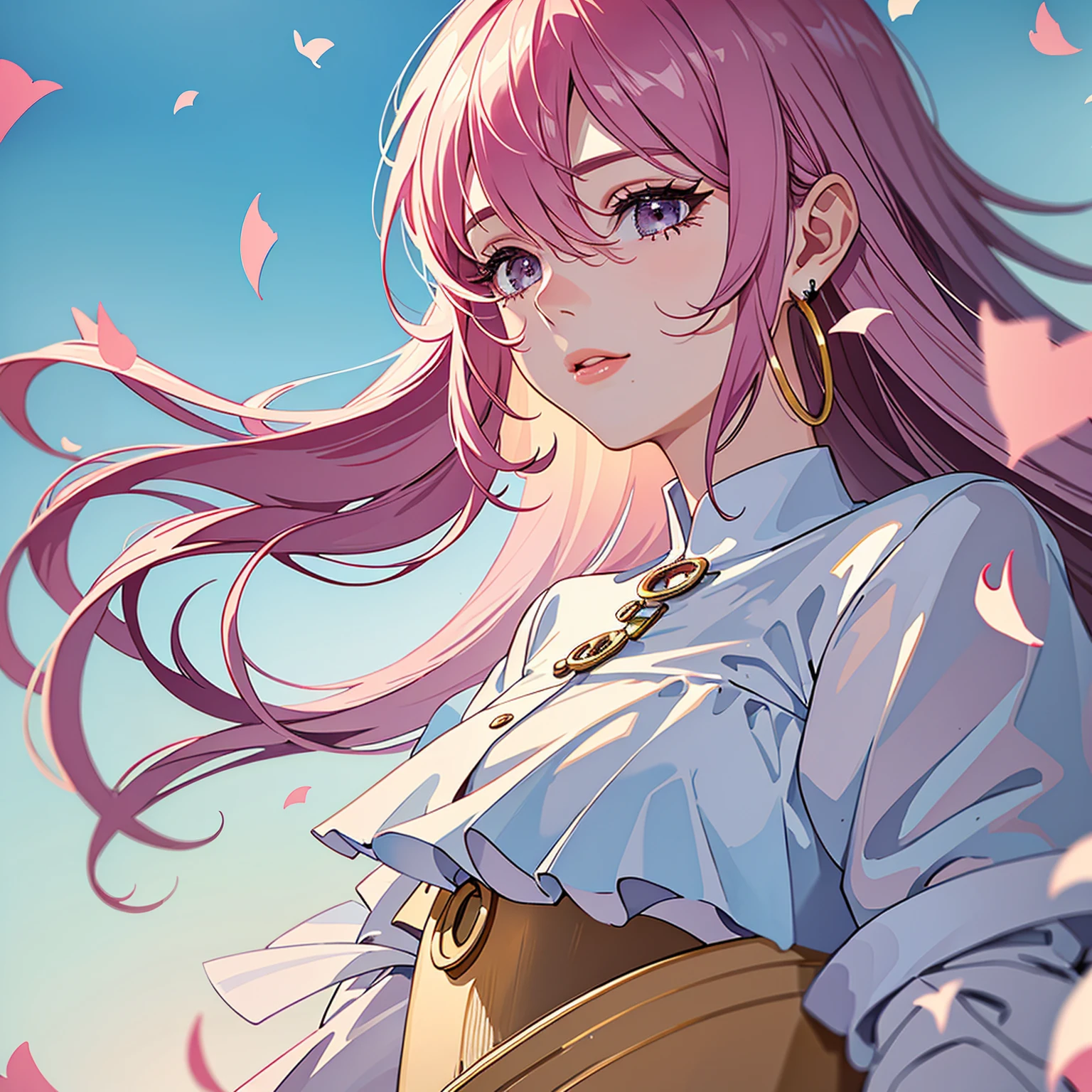 (masterpiece, high quality, best quality, 4k, 8k:1.4), 1girl, solo, pink hair, brown eyes, double-parted bangs, long hair, (mature female, mature:1.2), mole under eye, hoop earrings, revealing dark dress, detailed face, beautiful detailed eyes, beautiful detailed lips, extremely detailed face, long eyelashes, intricate details, soft lighting, soft color pallette, perfect anatomy