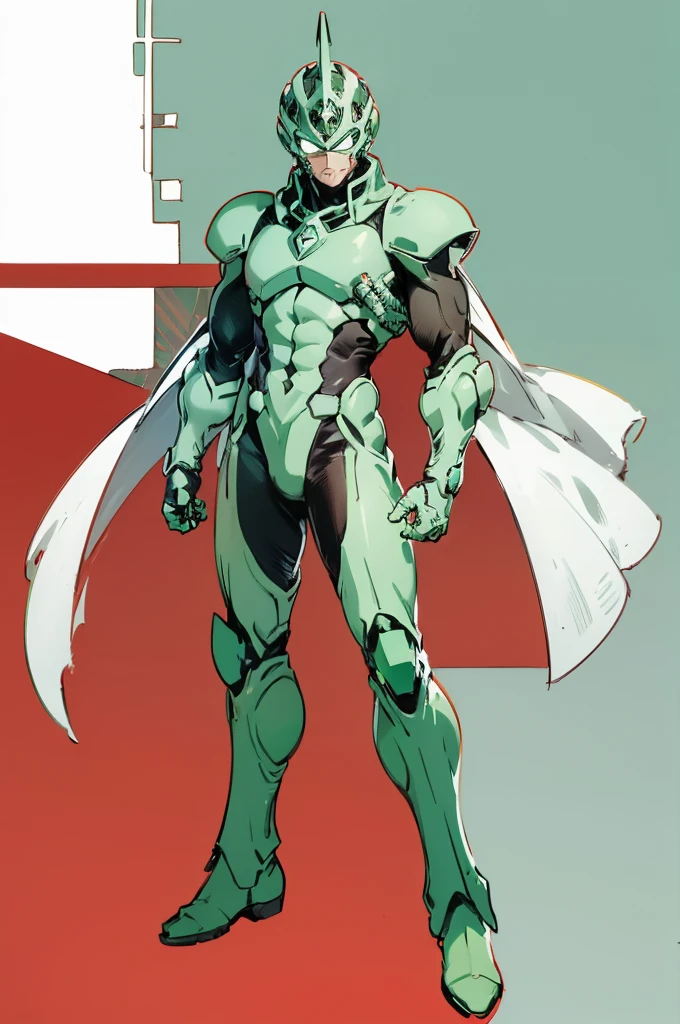 (My Hero Academia Style), (Full body photo:1.5),((full bodyesbian)), (Simple background), ((High resolution)), (simple background), (white backgrounid:1.3), 1man, A man wearing a full-face helmet mask that covers most of his face, (((armored and silvered guatelente))), (((a bright green spot on his chest))), anime boy, male, young male, trending on artstation pixiv, (full body shot:0.5), head covering, adorned in a biomimetic armor, helmet, face covering, mask, hero suit, full body suit, green suit, Perfect anatomy, Super Detailed, (((red boots))).