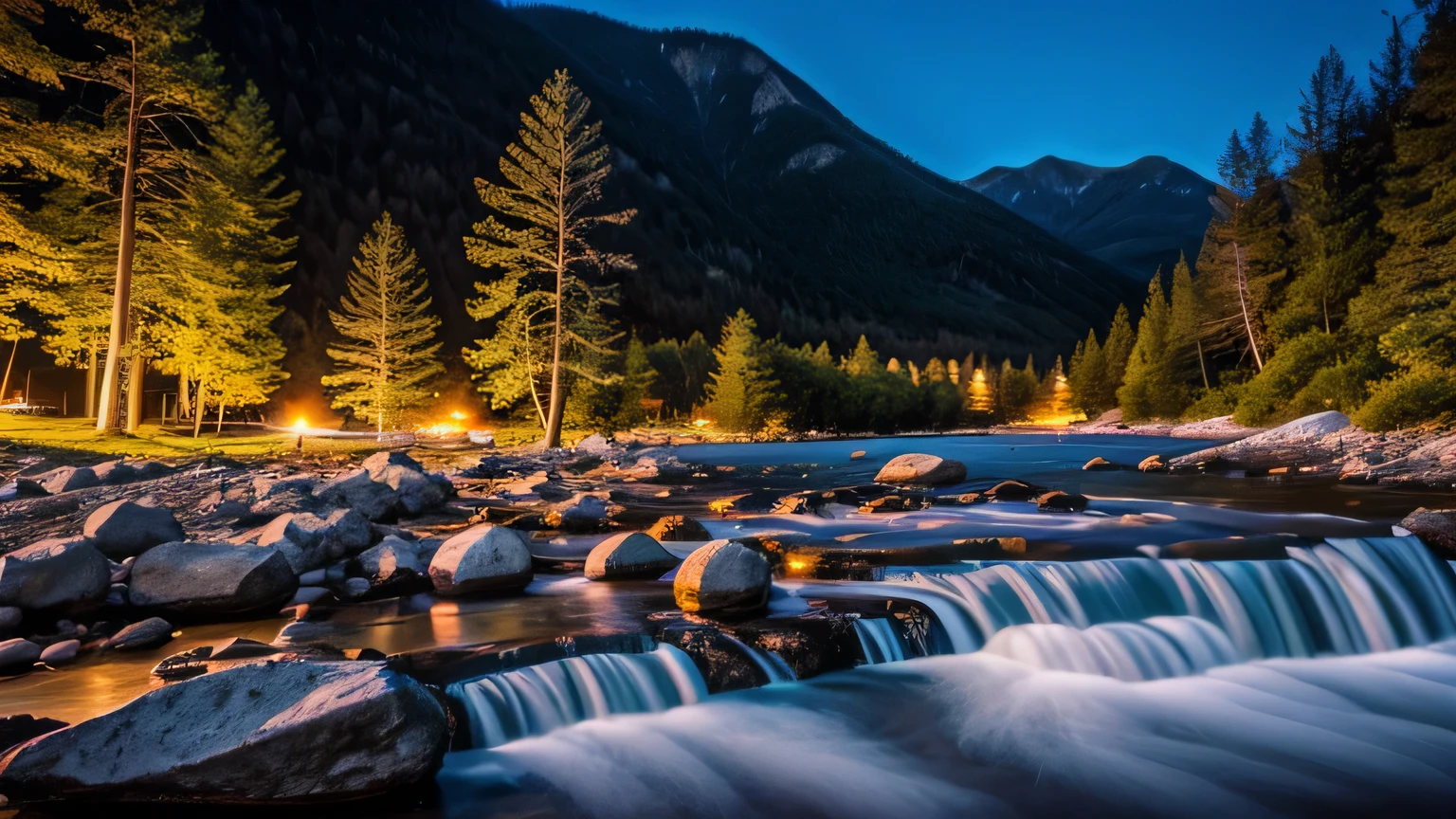 night Mountain river bonfire