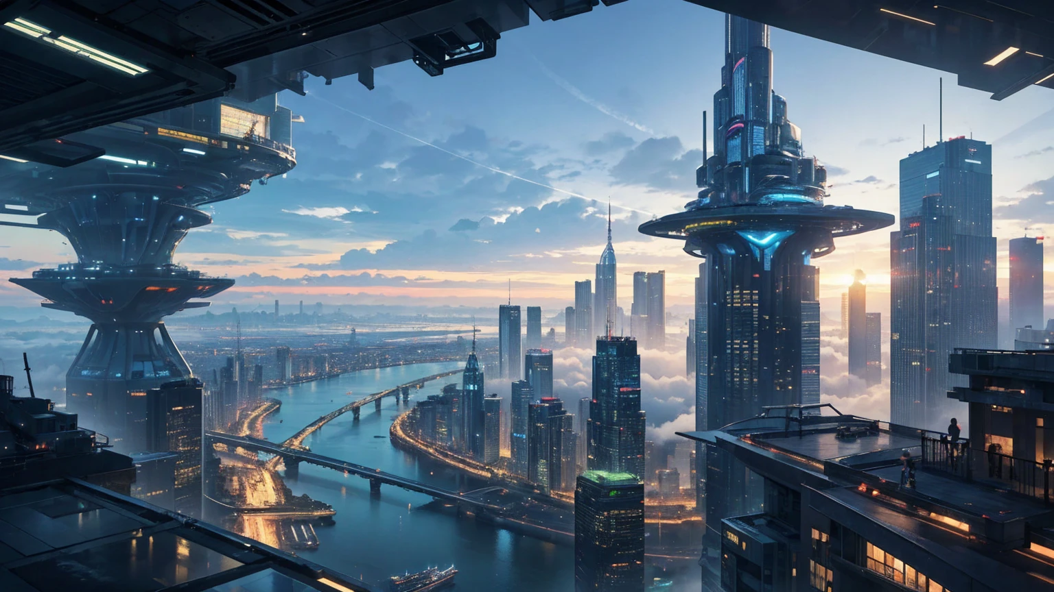(Best quality,4K,8K,A high resolution,Masterpiece:1.2),Ultra-detailed,(Realistic,Photorealistic,photo-realistic:1.37),Futuristic floating city,Futuristic technology,Huge urban high-tech tablet platform,Airship,Floating in the sky,Futuristic city,Small airships around,High-tech hemispherical platform,Colorful lights,Advanced architecture,modernn architecture,skyscrapper,Access the cloud,Scenic beauty,view over city,Impressive design,Blend seamlessly with nature,energetic and vibrant atmosphere,Futuristic transportation system,Parking is suspended,Transparent path,Lush greenery,Sky gardens,cascading waterfalls,Magnificent skyline,reflections on the water,Sparkling river,Architectural innovation,futuristic skyscrapers,Transparent dome,The shape of the building is unusual,Elevated walkway,Impressive skyline,Glowing lights,Futuristic technology,Minimalist design,Scenic spots,Panoramic view,Cloud Piercing Tower,Vibrant colors,epic sunrise,epic sunset,Dazzling light display,magical ambiance,The future city,Urban Utopia,LuxuryLifestyle,Innovative energy,sustainable development,Smart city technology,Advanced infrastructure,Tranquil atmosphere,Nature and technology live in harmony,Awesome cityscape,Unprecedented urban planning,Architecture connects seamlessly with nature,High-tech metropolis,A cutting-edge engineering marvel,The future of urban living,Visionary architectural concept,Energy-efficient buildings,Harmony with the environment,A city floating above the clouds,Utopian dreams become reality,The possibilities are endless,State-of-the-art transportation network,Green energy integration,Innovative materials,Impressive holographic display,Advanced communication system,Breathtaking aerial view,Quiet and peaceful environment,Modernist aesthetics,Ethereal beauty