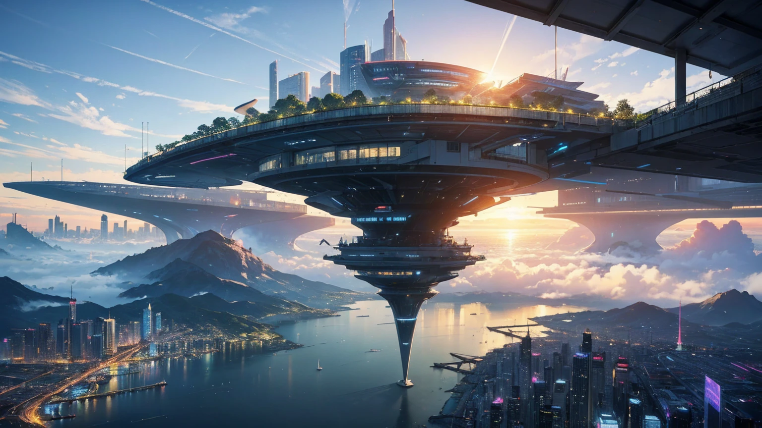 (Best quality,4K,8K,A high resolution,Masterpiece:1.2),Ultra-detailed,(Realistic,Photorealistic,photo-realistic:1.37),Futuristic floating city,Futuristic technology,Huge urban high-tech tablet platform,Airship,Floating in the sky,Futuristic city,Small airships around,High-tech hemispherical platform,Colorful lights,Advanced architecture,modernn architecture,skyscrapper,Access the cloud,Scenic beauty,view over city,Impressive design,Blend seamlessly with nature,energetic and vibrant atmosphere,Futuristic transportation system,Parking is suspended,Transparent path,Lush greenery,Sky gardens,cascading waterfalls,Magnificent skyline,reflections on the water,Sparkling river,Architectural innovation,futuristic skyscrapers,Transparent dome,The shape of the building is unusual,Elevated walkway,Impressive skyline,Glowing lights,Futuristic technology,Minimalist design,Scenic spots,Panoramic view,Cloud Piercing Tower,Vibrant colors,epic sunrise,epic sunset,Dazzling light display,magical ambiance,The future city,Urban Utopia,LuxuryLifestyle,Innovative energy,sustainable development,Smart city technology,Advanced infrastructure,Tranquil atmosphere,Nature and technology live in harmony,Awesome cityscape,Unprecedented urban planning,Architecture connects seamlessly with nature,High-tech metropolis,A cutting-edge engineering marvel,The future of urban living,Visionary architectural concept,Energy-efficient buildings,Harmony with the environment,A city floating above the clouds,Utopian dreams become reality,The possibilities are endless,State-of-the-art transportation network,Green energy integration,Innovative materials,Impressive holographic display,Advanced communication system,Breathtaking aerial view,Quiet and peaceful environment,Modernist aesthetics,Ethereal beauty