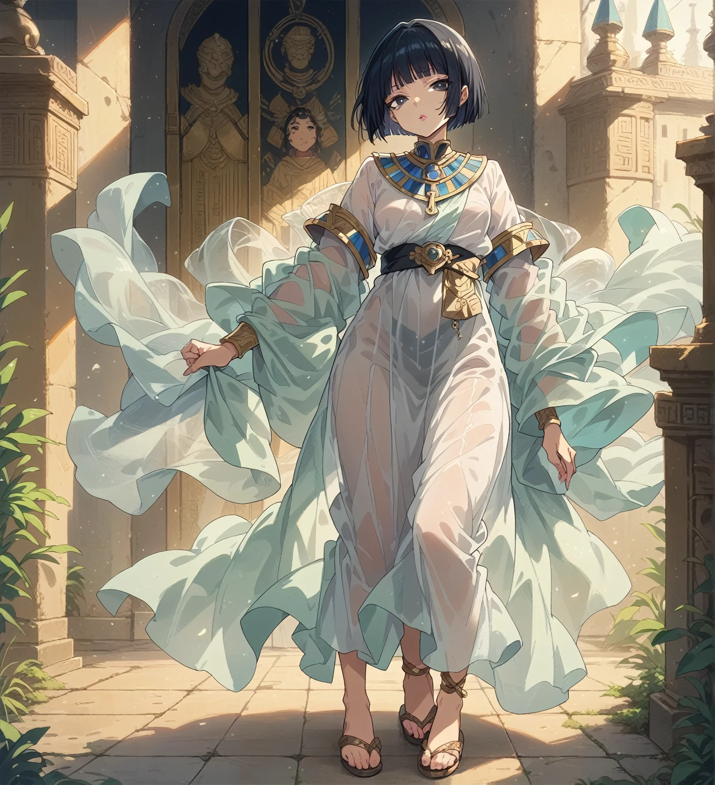 1girl(Black hair, short cut, princess cut, eye shadow, lipstick(黒い肌:1.8))
Osiris robe, see-through shawl, sandals(egyptian priest)
