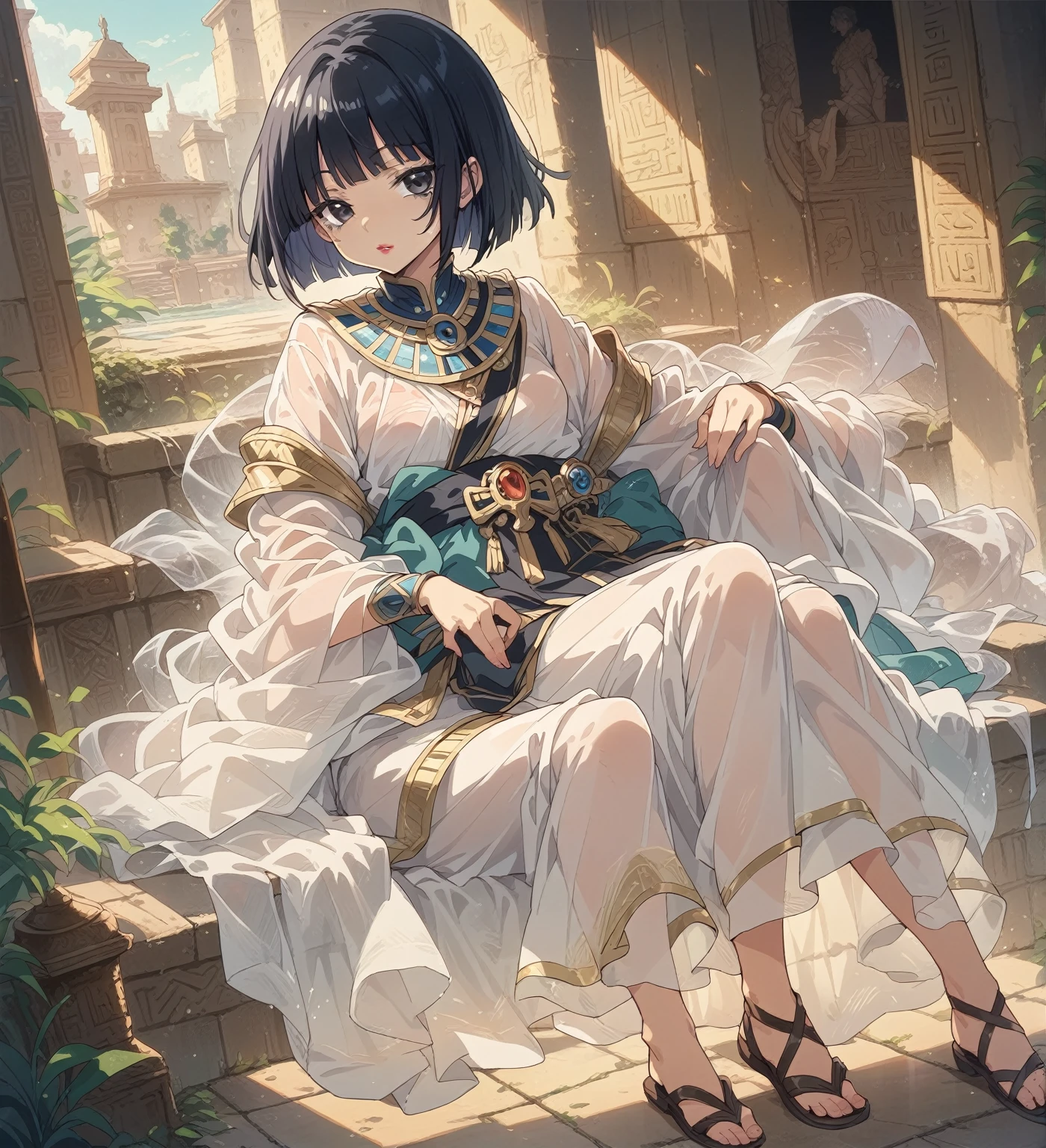 1girl(Black hair, short cut, princess cut, eye shadow, lipstick(黒い肌:1.8))

Osiris robe, see-through shawl, sandals(egyptian priest)