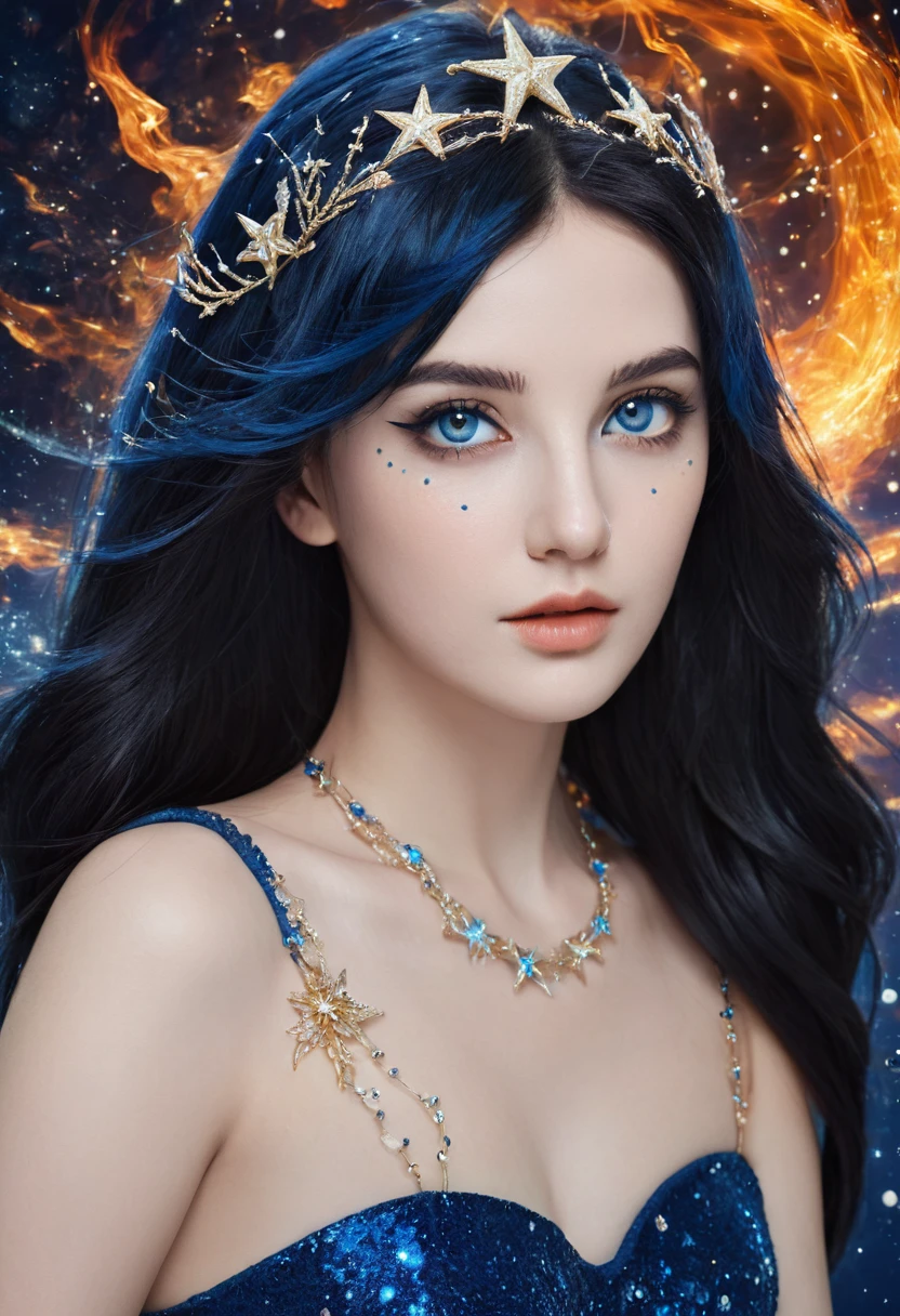 ( high quality , Extremely detailed, careful hand )Constellation-Sagittarius Goddess , Similar to Latin goodness . optimistic, fair, Funny and intelligent face . reckless, Ruthless, impatient, Overconfident style . Deep blue eyes (Eye details) , Dark blue hair，shining , Transparent dress , In the starry sea , whole body , Fire Makeup , Chiron