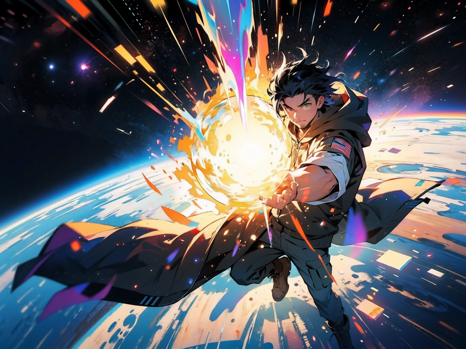(masterpiece:1.2), best quality,pixiv,official art,perfect anatomy, (Ray tracing, light) , solo, (1_male:1.3) , (muscle), facial hair, hairy, crew cut, dark blue hair, 30 years old, (gleaming golden eyes), full body, Thick black eyebrows,(open hooded parka), (cargo pants:1.2), boots , (in the space:1.3) , star , planet , earth , asteroid , (character floating :1.3)