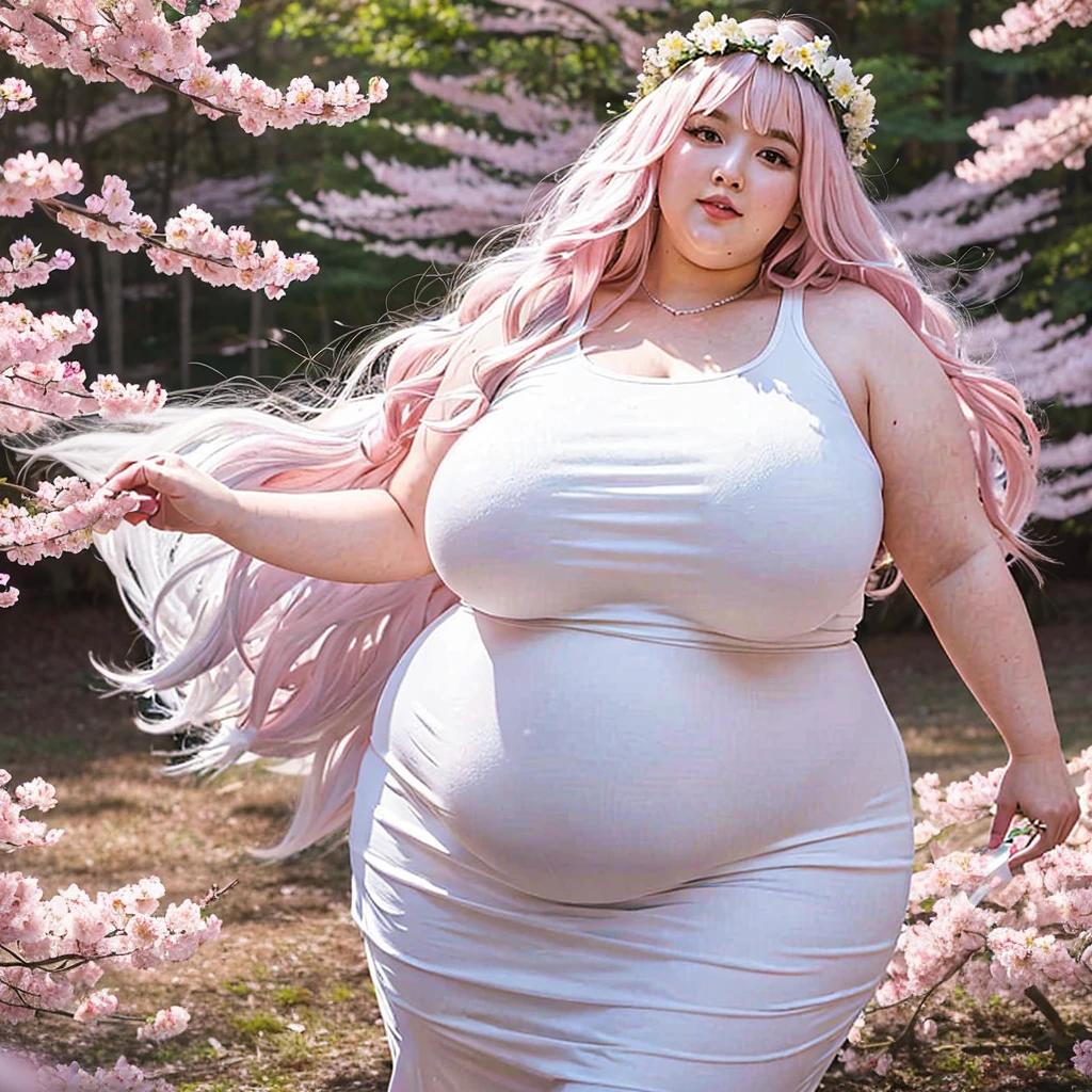 Fluffy female beautiful Arctic wolf with long white hair, eyelashes and claws, wide hips,yellow eyes and a flower crown,huge breasts, huge hips, huge thighs, plump, voluptuous, gorgeous, beautiful, eyelashes , cherry blossom forest, overweight,hair falling on breasts ,big tail, morbidly obese, fullbody, graceful , light pink hair , looking at viewer ,plantigrade,fat legs, fat neck, fat arms, standing straight ,huge belly 