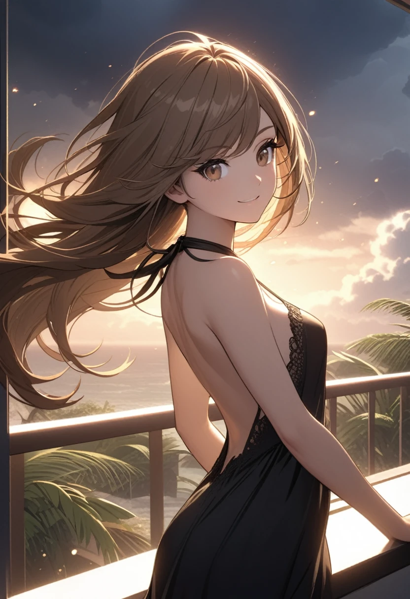 light particles, soft lighting, volumetric lighting, intricate details, finely detailed, ung woman, smile, solo, brown hair, very long hair, swept bangs, brown eyes, long eyelashes, thick eyelashes, looking out at sky, hands on railing, black summer dress with thin straps tied behind neck, backless dress, brown belt, dagger sheathe, toned arms, small breasts, tropical, balcony background, morning, plants, from side, storm clouds, windy,