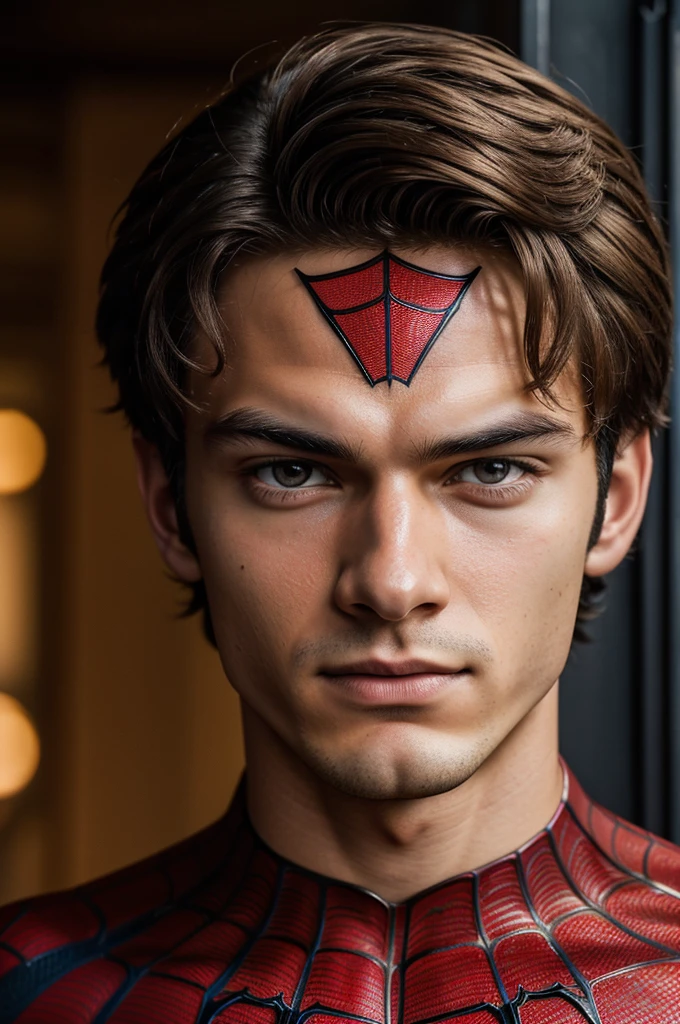 A photograph of spider man, no mask, 20 yo, handsome, detailed face, looking at camera, portrait, 8k uhd, high quality