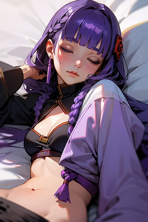 1 Girl, Blunt bangs, Braiding, Wide sleeves, hair ornaments,Obi says, (Purple Hair:1.2), Very long hair, Straight hair, Looking at the audience, Highly detailed background, (Realistic:1.2), Beautiful Eyes, Red eyeshadow, Written boundary depth，thigh, (Urzan-6500:0.7), Upper Body, (alone:1.2), (Cyberpunk City:1.1), Cleavage,,Shiny skin、(Navel exposed).((Face close-up))、((Sleeping in bed)).