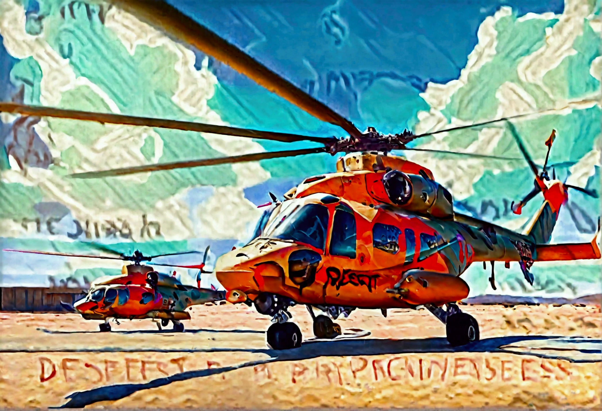 A combat helicopter with 'Desert Princess' written on the side, along with a painting of a desert princess, Military airfield
