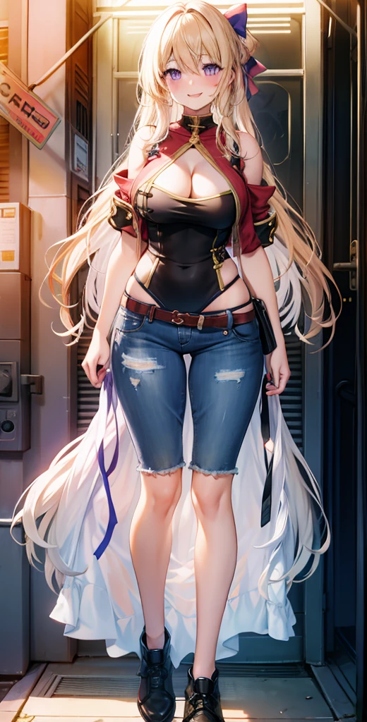 girl,Large Breasts,long hair,Topless,Bow,Blonde hair, Purple Eyes, Long hair, Large Breasts, belt, Short jeans pants,, permanent, Looking at the audience, city road, outdoor, Cleavage, blush, Shy, Smile, Show your teeth, Sexy pose, shorts, jacket, Bare shoulders.