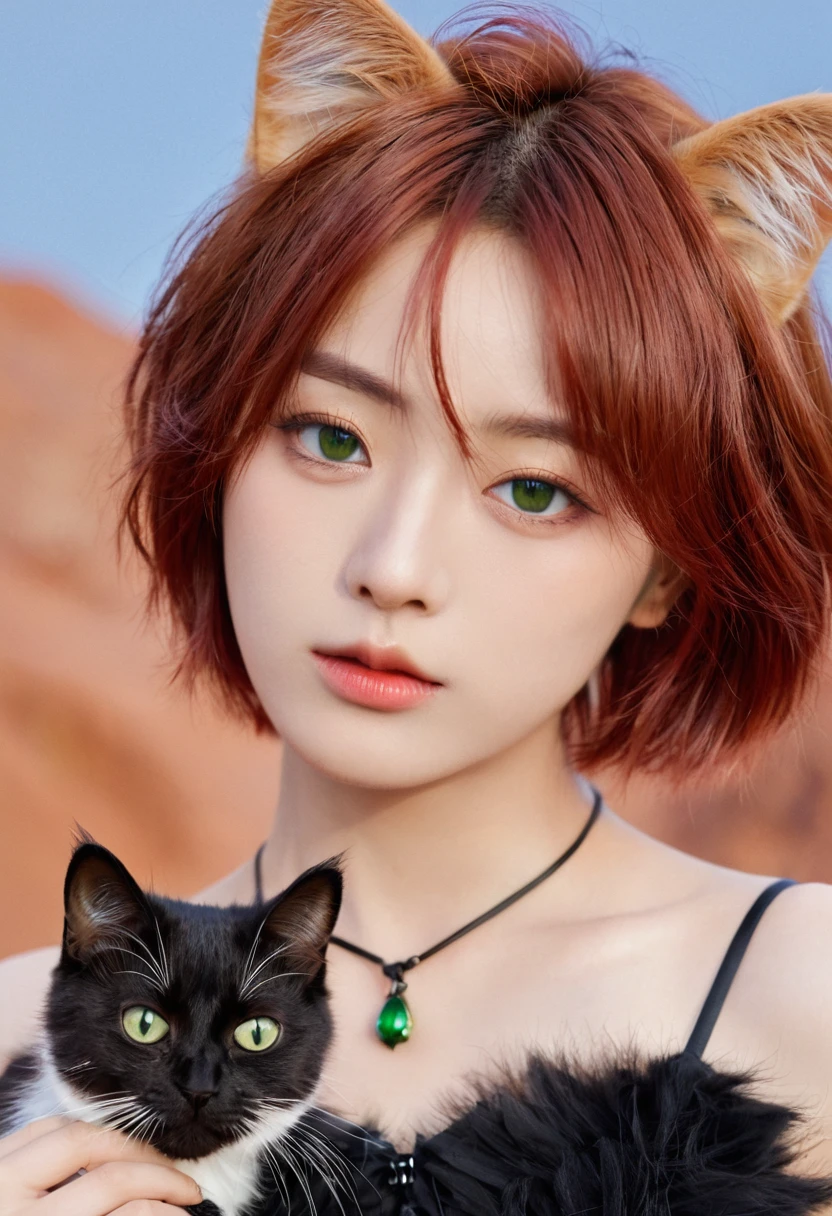 masterpiece, best quality, SakuraVRC, 1 Girl, Solitary, short hair, Red hair, Green Eyes, Red Cliff, Animal ear fluff ;3, Cat Mouth,