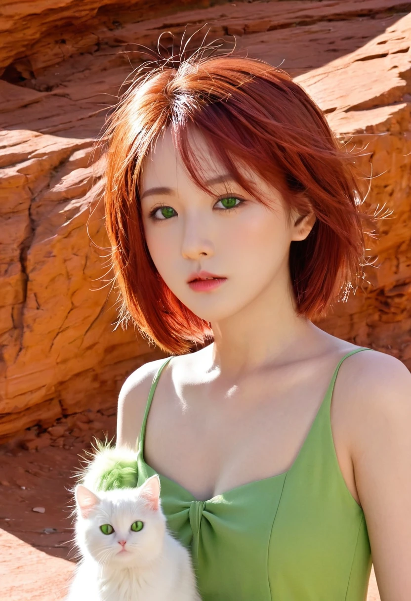 masterpiece, best quality, SakuraVRC, 1 Girl, Solitary, short hair, Red hair, Green Eyes, Red Cliff, Animal ear fluff ;3, Cat Mouth,