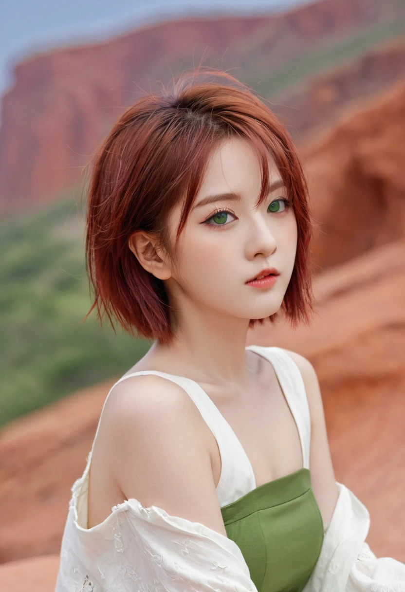 masterpiece, best quality, SakuraVRC, 1 Girl, Solitary, short hair, Red hair, Green Eyes, Red Cliff, Animal ear fluff ;3, Cat Mouth,