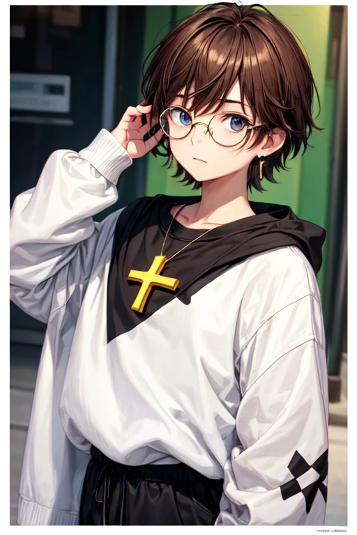 Anime man with brown hair and eyes, White skin,with a cross earring, with round black frame glasses, with a white shirt and a black sweatshirt