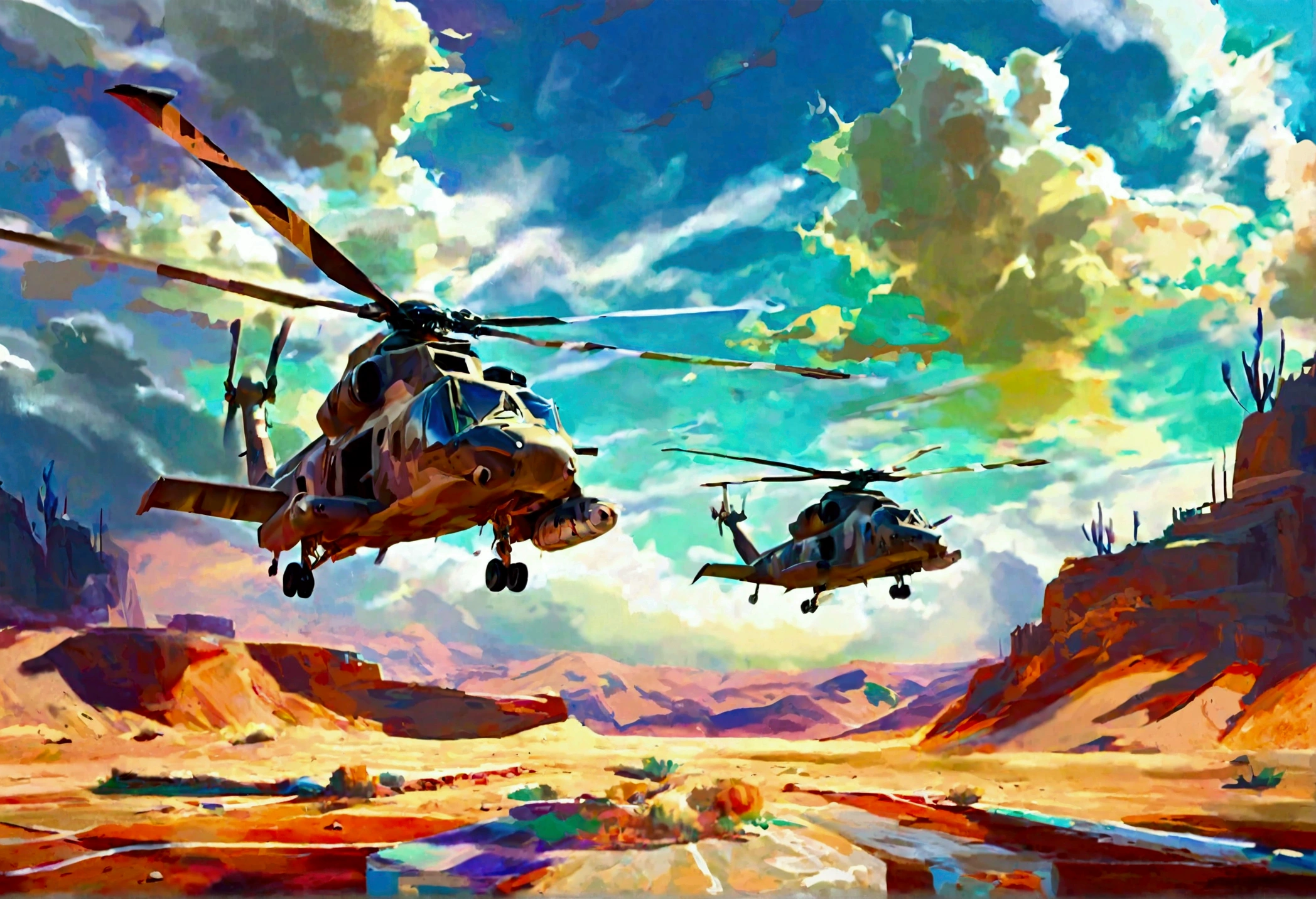 a combat helicopter with desert princess written on the side, a painting of a desert princess, military airfield, highly detailed, photorealistic, 8k, hyper detailed, cinematic lighting, dramatic sky, volumetric fog, epic, intricate details, award winning, masterpiece, studio quality, sharp focus, physically based rendering, extreme detail description, professional, vivid colors, dramatic lighting, atmospheric, gritty, military precision, seamless, stunning visual effects
