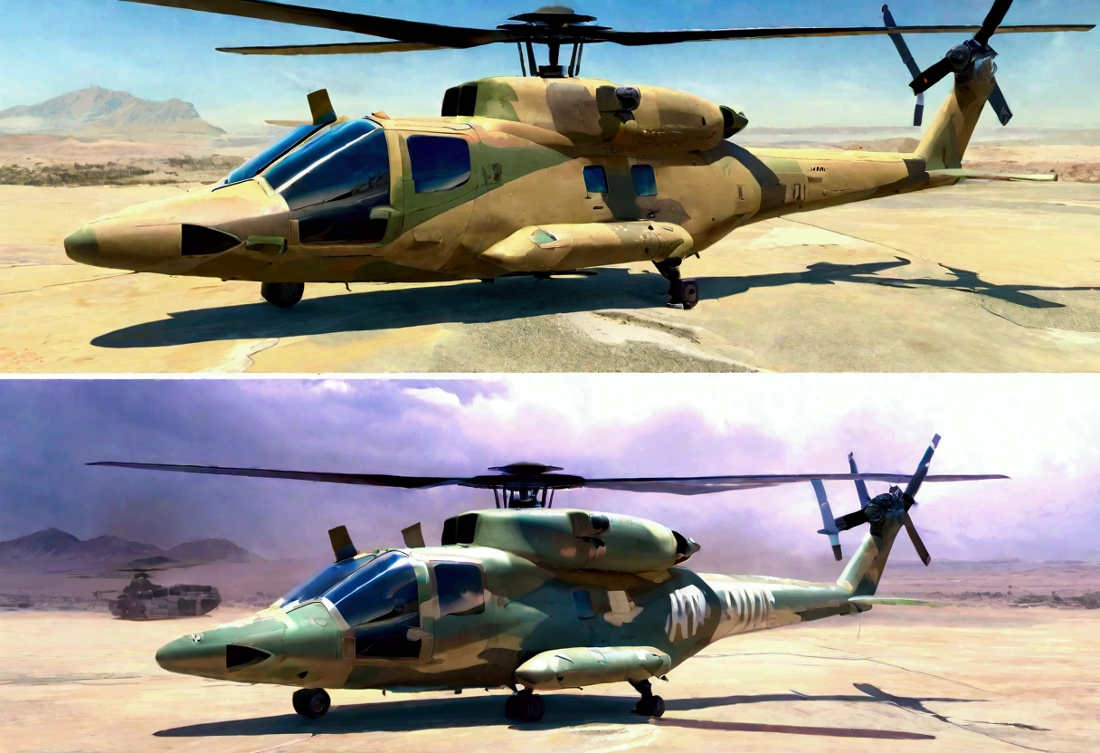 a combat helicopter with desert princess written on the side, a painting of a desert princess, military airfield, highly detailed, photorealistic, 8k, hyper detailed, cinematic lighting, dramatic sky, volumetric fog, epic, intricate details, award winning, masterpiece, studio quality, sharp focus, physically based rendering, extreme detail description, professional, vivid colors, dramatic lighting, atmospheric, gritty, military precision, seamless, stunning visual effects