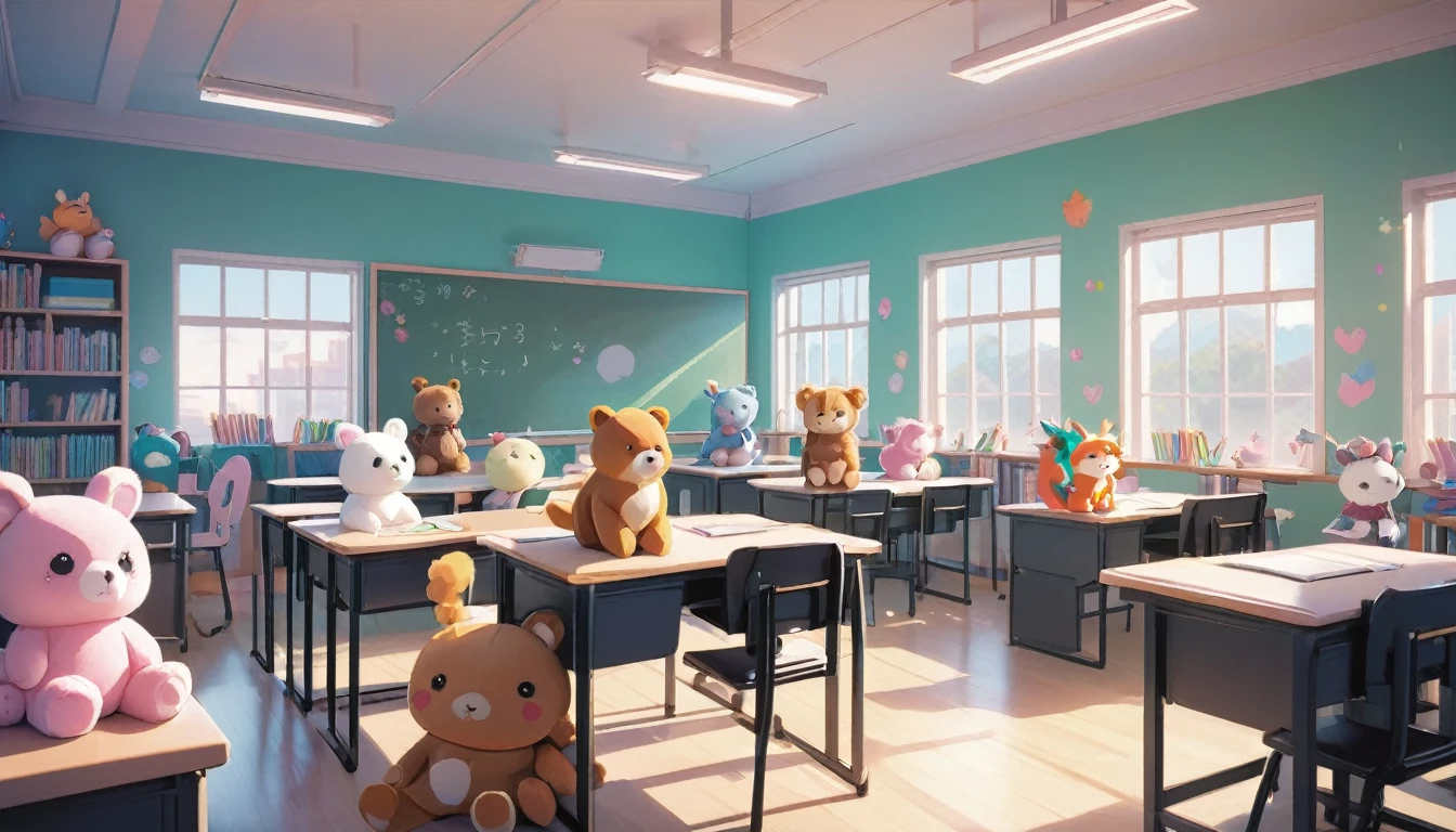 there are many stuffed animals sitting in a classroom with desks, classroom background, adorable digital painting, cute 3 d render, artwork in the style of guweiz, animation style render, typical anime classroom, kawaii hq render, childrens art in artstation, cute detailed digital art, highschool background, cute digital art, in the style of ross tran