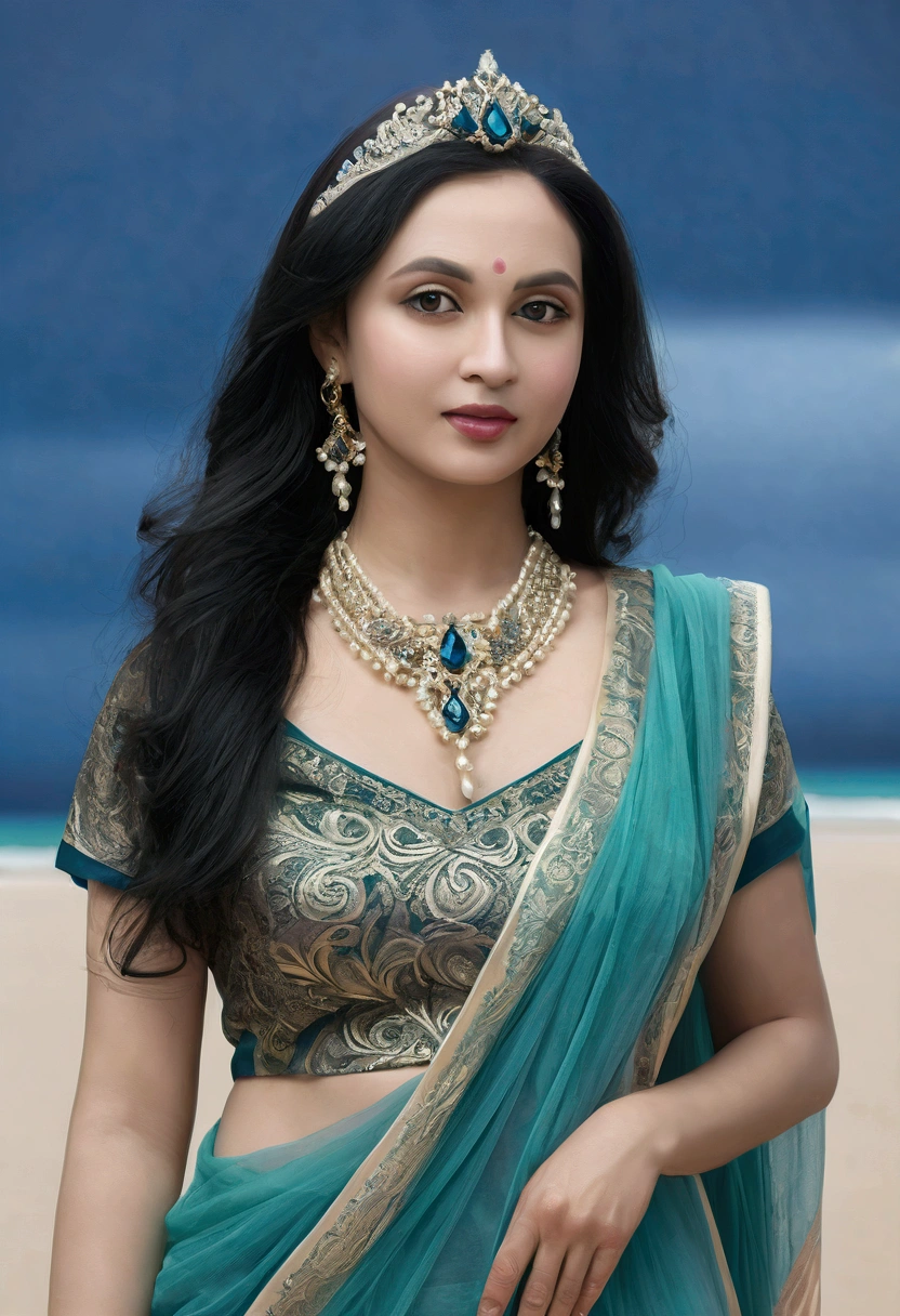 ((Masterpieces with up to 16K resolution:1.6)),Highest quality,it is really amazing,Very detailed,Ultra-high resolution,(Real:1.5),(Realistic:1.5),Increased depth of field,Cinematic Light,
Elegant mature woman,
Long black hair,(Exquisitely detailed face:1.5),Face with a gentle expression,Translucent white skin,Very sensitive skin,Great proportions,Anatomically correct body,
Elegant bikini swimwear,Artistic design,Beautiful and detailed pattern,Detailed fabric texture,Gorgeous necklace,
Coastal landscape at dusk,Dark clouds and dark sky,delay々Continuing sandy beach, Deserted Beach,Dark sea surface,
(Dramatic Angle:1.6),