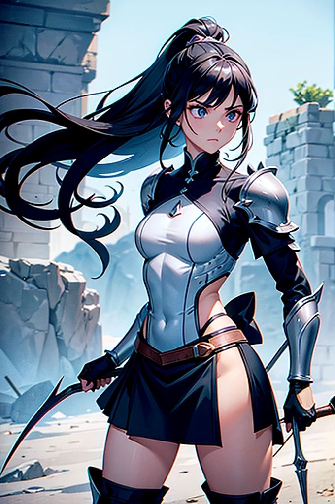 Skilled archer in a medieval fantasy world. She is 170 cm tall, an agile and slender physique, with toned muscles. Her black hair falls in soft waves down to her shoulders and is often tied into a high ponytail during travel.. Your eyes are deep green, bright and expressive, conveying determination and vigilance. Your face is delicate and sculpted, with a defined jawline and slightly rounded cheekbones, giving it a strong and gentle appearance. Elara wears light armor made from dragon scales., composed of a chest and back plate, armbands and shin guards that guarantee mobility and resistance, a lightweight helmet that mainly covers the top of the head, gloves and boots equipped with dragon claw tips. She carries a bow and a quiver full of arrows, many with spikes made from dragon scales, and a small dagger for hand-to-hand combat.