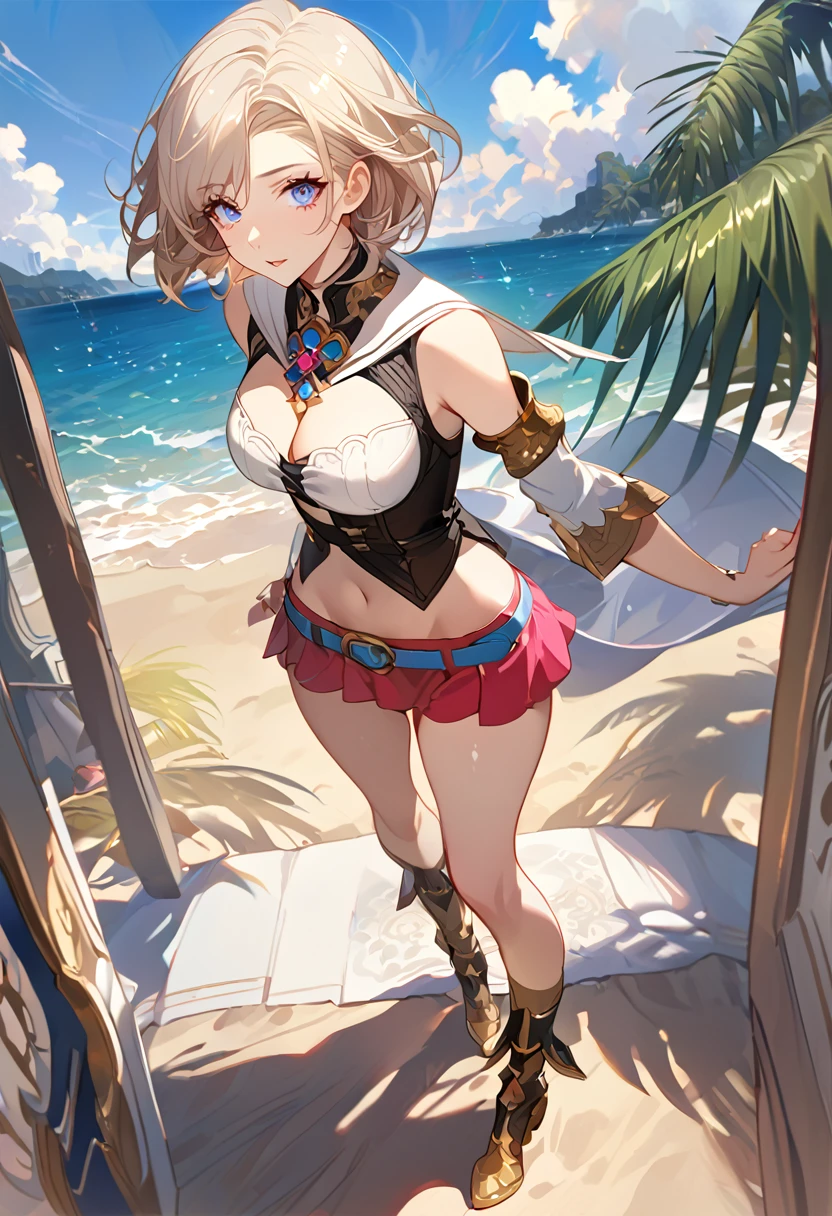 masterpiece, best quality, 8k, 4k, 1girl, ashelia final fantasy xii, Ashelia, short hair, pale blonde hair, blue eyes, white detached sailor like collar, round brooch, gold brooch with pink and blue jewel, white shirt, longer side shirt, cleavage, midriff, detached sleeves, bracer, black corset, reddish pink skirt, microskirt, super tight skirt, blue belt, black high thigh with gold pattern , gold boots, slim body, looking at viewer, standing nicely, wind blowing, finely detailed eyes and detailed face, face detailed, hair detailed, clothes detailed, ((high quality)), extreme detail, beach sand, palm tree, calm water, high hills overlooking the sea, hollowed hills,  inspired by Asukaziye artist : ask, art style : ask