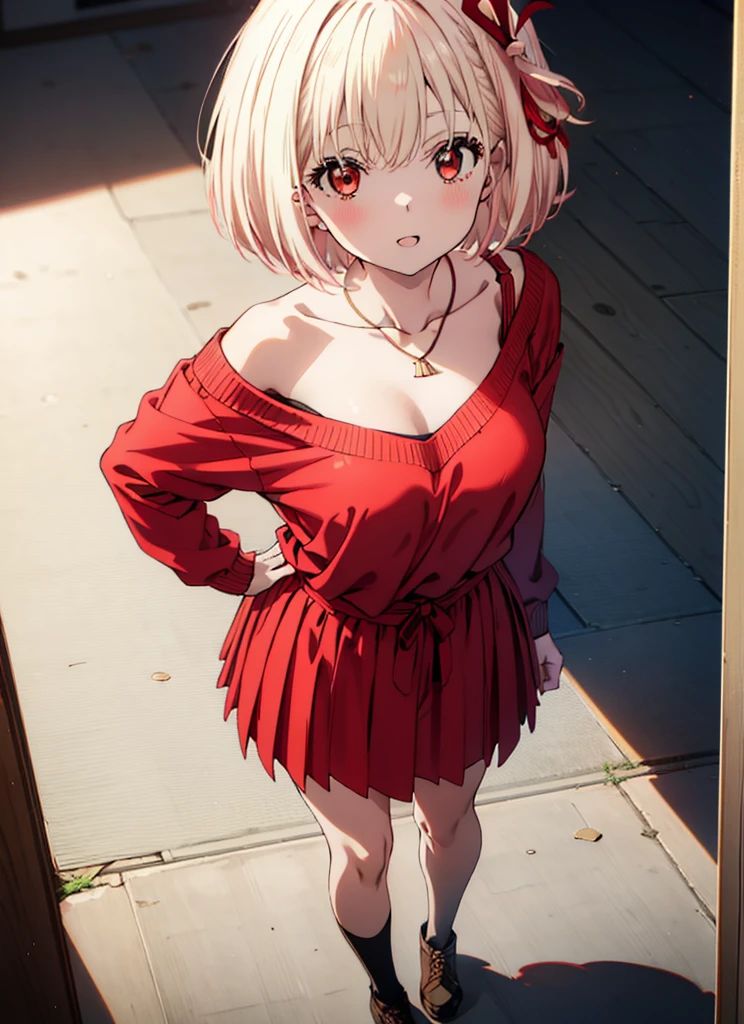 Chisato Nishikigi, short hair, bangs, Blonde, (Red eyes:1.5), hair ribbon, One side up, Bobcut,happy smile, smile, Open your mouth,Heart-shaped necklace,Bare neck,Bare shoulders,bare clavicle,Red one-shoulder sweater,mini skirt,Black pantyhose,short boots,Walking,whole bodyがイラストに入るように,Daytime,Clear skies,
break indoors,School,canteen,
break looking at viewer, whole body,
break (masterpiece:1.2), Highest quality, High resolution, unity 8k wallpaper, (figure:0.8), (Beautiful attention to detail:1.6), Highly detailed face, Perfect lighting, Highly detailed CG, (Perfect hands, Perfect ???????),