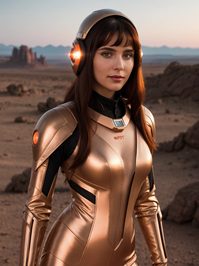 A photorealistic portrait of Marissa Mars, a 21-year-old Martian female, standing confidently with her hands on her hips. She sports long fiery red hair with holographic highlights that shimmer in changing colors under the Martian sunset. Her large, expressive eyes glow subtly, enhancing her striking features. She is dressed in a sleek, form-fitting Martian space suit adorned with luminescent lines and protective plating, complemented by a stylish, transparent helmet. Behind her, the dome-shaped Martian habitat offers a panoramic view of the rugged, rocky landscape under a sky painted in pink and orange hues. The image should capture the essence of a futuristic AI Instagram influencer, blending advanced technology with high fashion on the red planet, in 8k HDR, full body shot, high detailed, high quality.
medium size beautiful breast, (((Cleavage))),

 ....Tall, Athletic, Triangular Face, Fair Skin, long brown Hair, hazel Eyes, [[Curved Nose]], Thick Lips, Round Chin, Instagram model, cheerful smile, medium breasts, coral stain lipstick,
Masterpiece, hi res, 8k, award winning, RAW photo, high quality, 35mm photograph, film grain, bokeh, professional, 4k, highly detailed, 