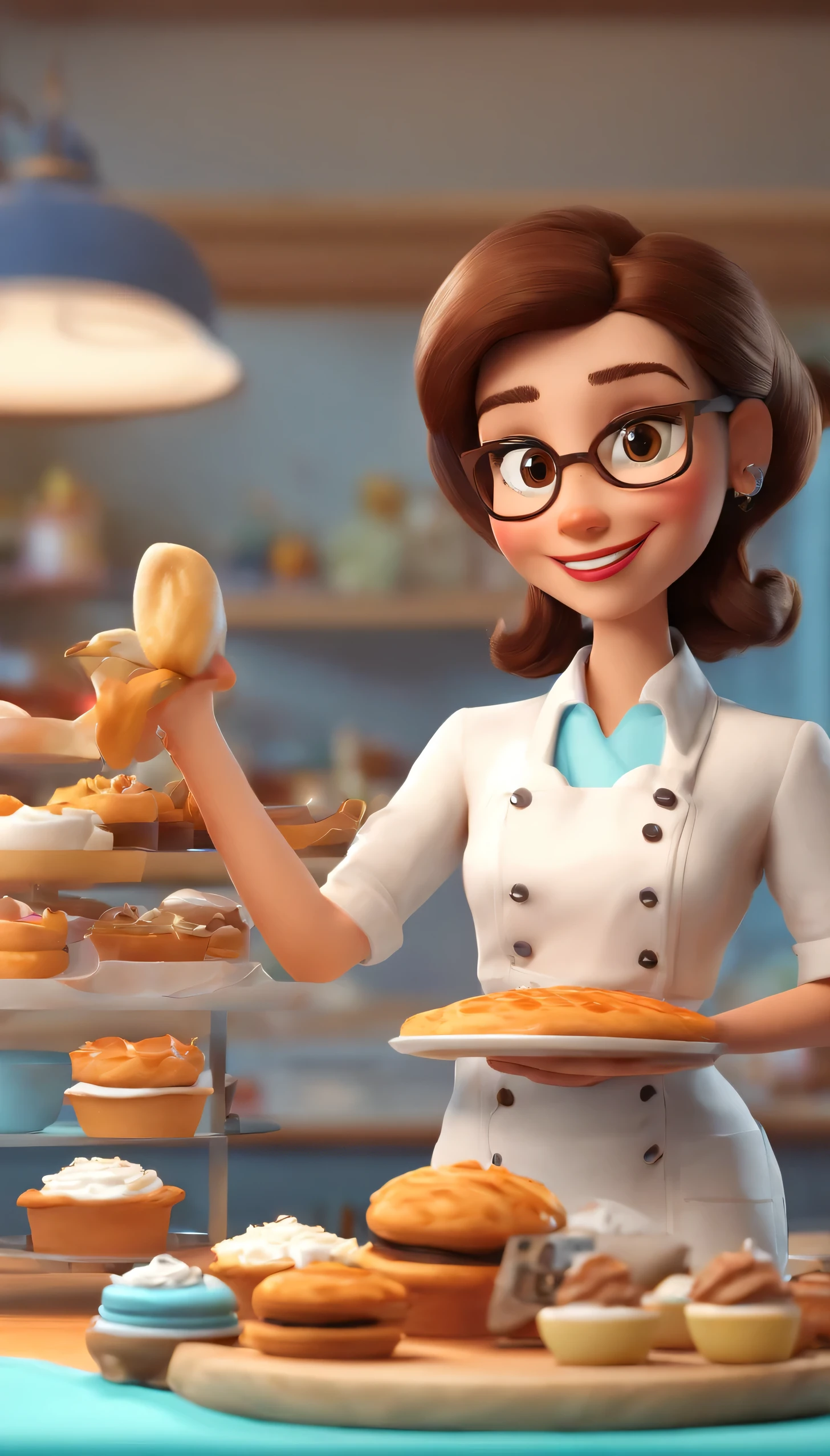 (best quality,hd,highres:1.2),3d-style Pixar cartoon scene,cartoonish painting,smooth textures and shading,detailed scene,
45-year-old woman with straight brown hair,woman dressed as a pastry chef,pastry chef uniform and hat,
female Maltese dog beside her,adorable white fur,playful expression and bright eyes.