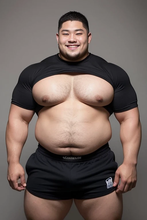 ((highest quality)), ((masterpiece)), (detailed), ((Perfect Face)), 4k, Shaved head, Young Japanese, Muscular, Fat body, Very big man, smile, ((showing off crotch))A large Japanese man topless、whole body、Rugby、Thick legs、Thick arm muscles、Intimidating、whole body、wearing a very tight black shorts