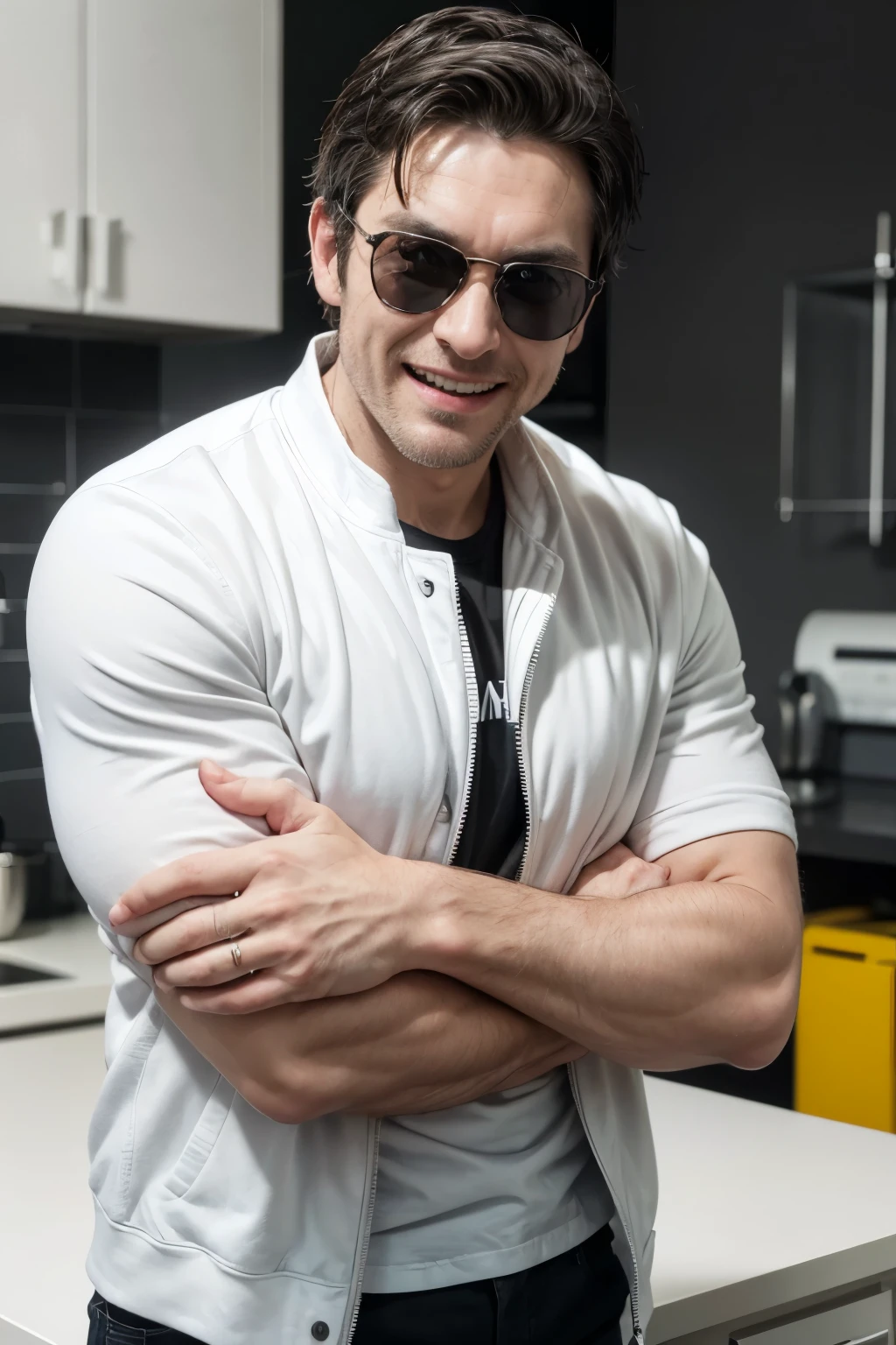 ((Best Quality)), (realist, whole body)), (detailed), 40 year old man smiling, sunglasses, stubble, White skin, (open black jacket), white t-shirt, (ring on ring finger), smiling with closed mouth, Strong arms, rolled-up sleeves, hands, whole body, (home kitchen background) , (( angry white woman looking at camera in background))