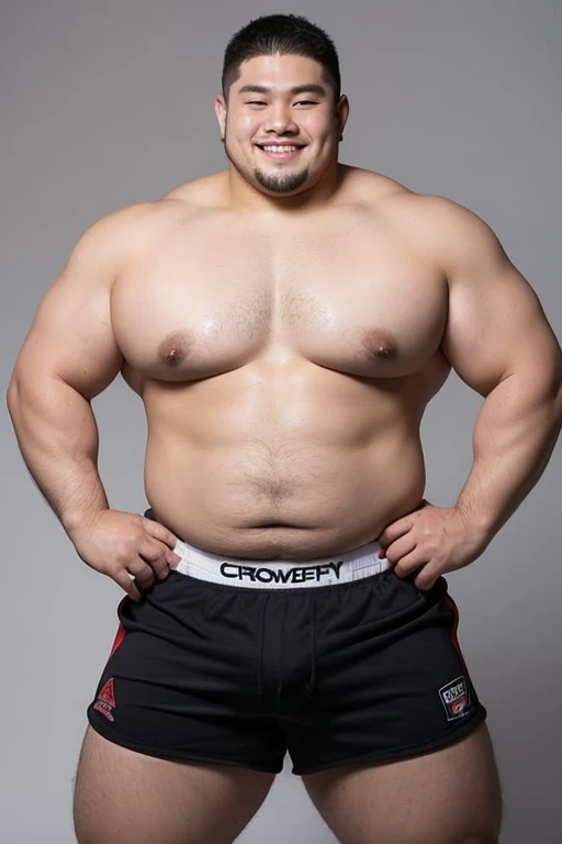 ((highest quality)), ((masterpiece)), (detailed), ((Perfect Face)), 4k, Shaved head, Young Japanese, Muscular, Fat body, Very big man, smile, ((showing off crotch))A large Japanese man topless、whole body、Rugby、Thick legs、Thick arm muscles、Intimidating、whole body、wearing a very tight black shorts