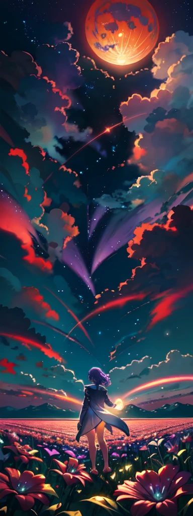 expansive landscape photograph , (a view from below that shows sky above and open field below), a girl standing on flower field looking up, bright sunny day (clouds:1.2), distant mountain, tree BREAK
production art, lot of purple and orange, intricate details, volumetric lighting, realism BREAK
(masterpiece:1.2), detailed shadows, (best quality), 4k, ultra-detailed, (dynamic composition:1.4), highly detailed, colorful details,( iridescent colors:1.2), (glowing lighting, atmospheric lighting), dreamy, magical, (solo:1.2)